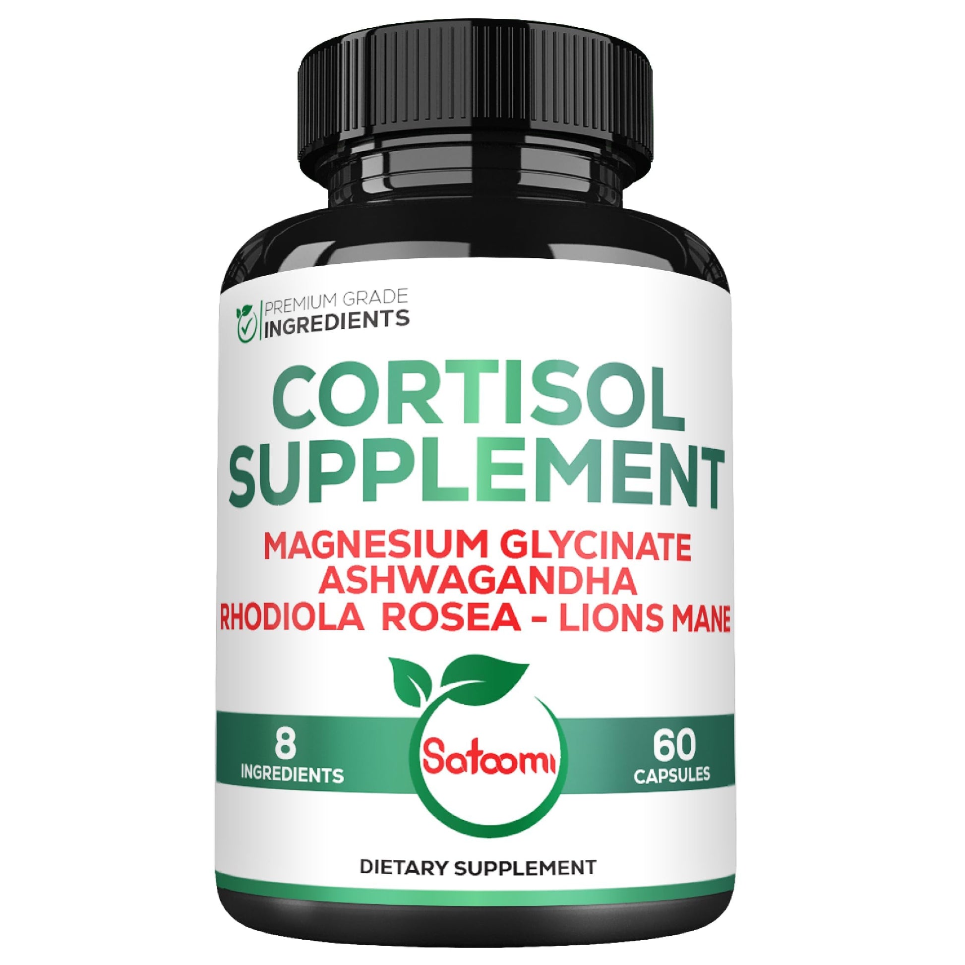Satoomi 8in1 Cortisol Manager with Magnesium Glycinate, Ashwagandha, Rhodiola Rosea, Lions Mane & More - Cortisol Reducer Supplement for Men & Women, 60 Capsules