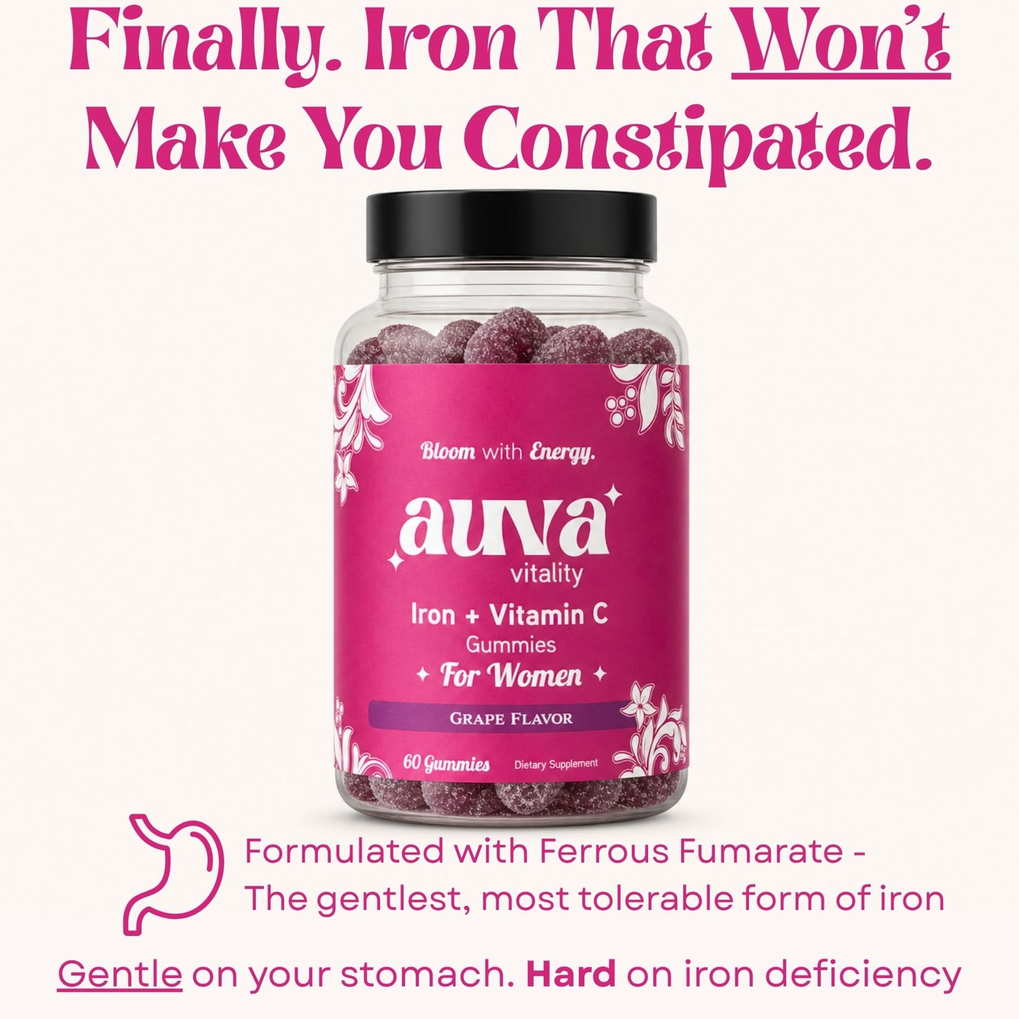 Auva Vitality Iron Gummies for Women 20mg with Vitamin C, Gummy, 60 Count