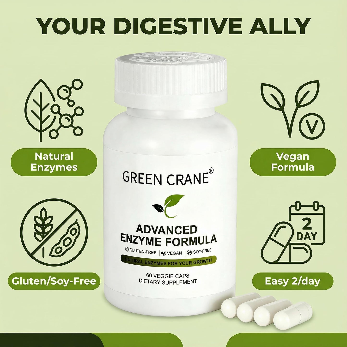 Green Crane Advanced Enzyme Formula Plant-Sourced Digestive Support Complex Gentle Gluten-Free Vegan Capsules, 60 Capsules