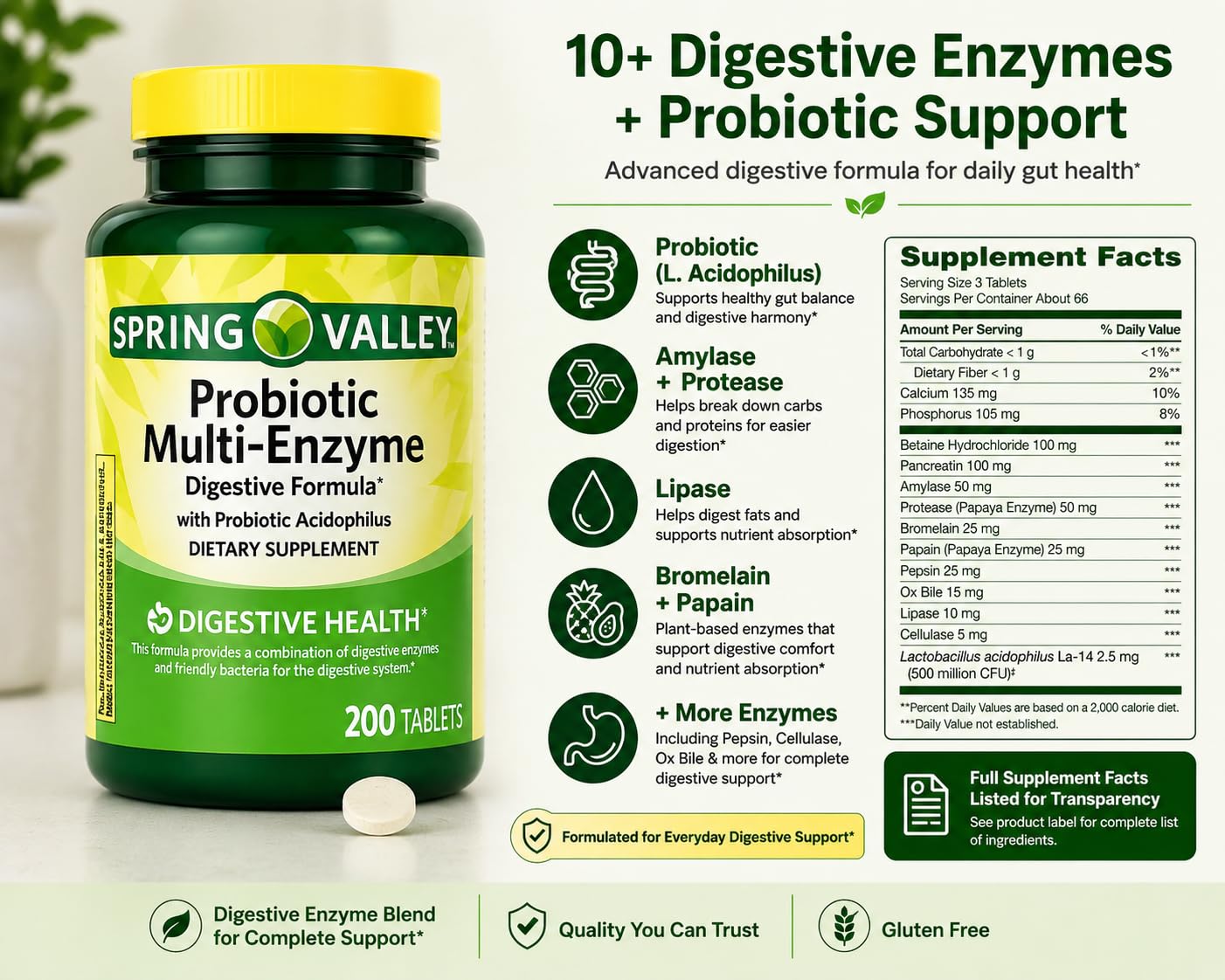 H4U Spring Valley Probiotic Multi-Enzyme Digestive Formula, 200 Tablets