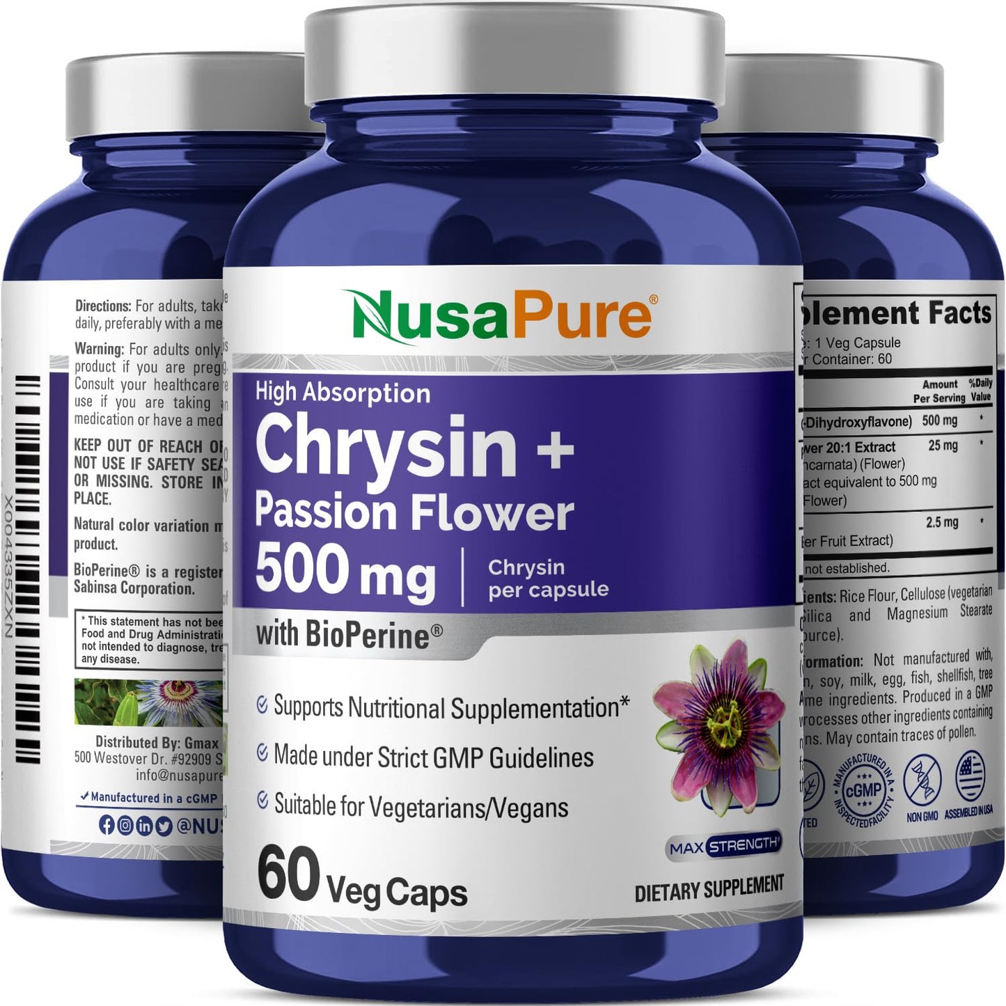 NusaPure Chrysin 500mg Passion Flower Complex Capsules, 120 Veggie Capsules