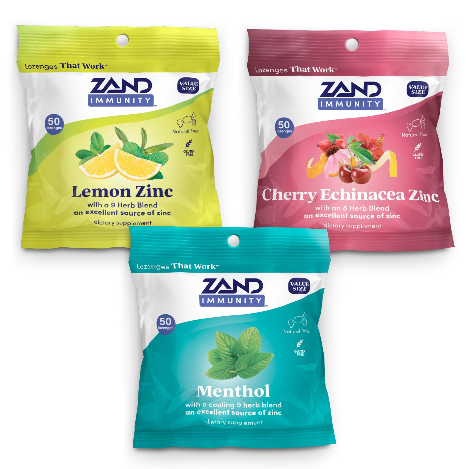 ZAND Immunity Variety 3 Pack Lemon Zinc, Menthol and Cherry Echinacea Zinc Throat Lozenges, 50 Count