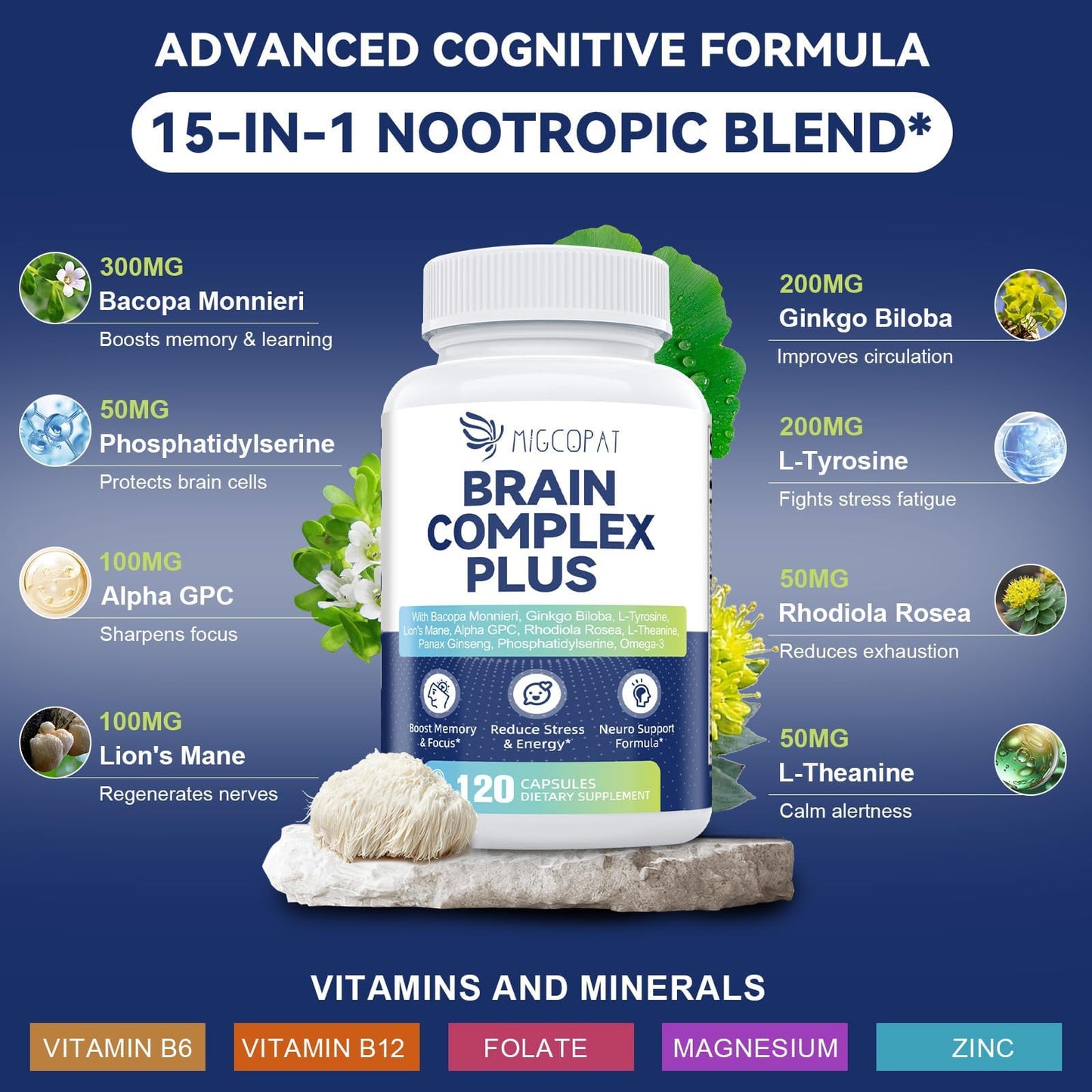 Migcopat Brain Supplements for Memory and Focus Capsule 120 Count