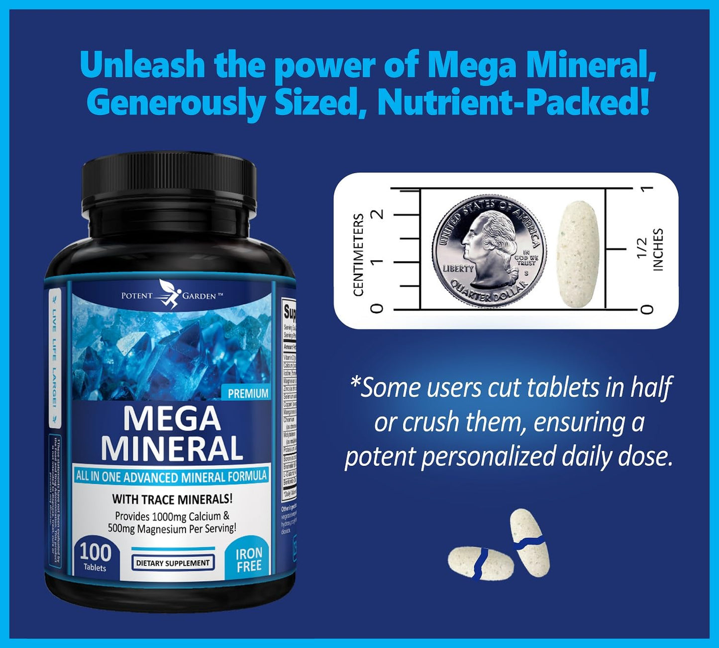 Potent Garden Mega Mineral Supplement Complete Mineral Complex with Calcium Magnesium Zinc Potassium Boron Selenium Chromium & 72 Trace Minerals Iron Free Calcium Supplement, Tablets, 200 Count