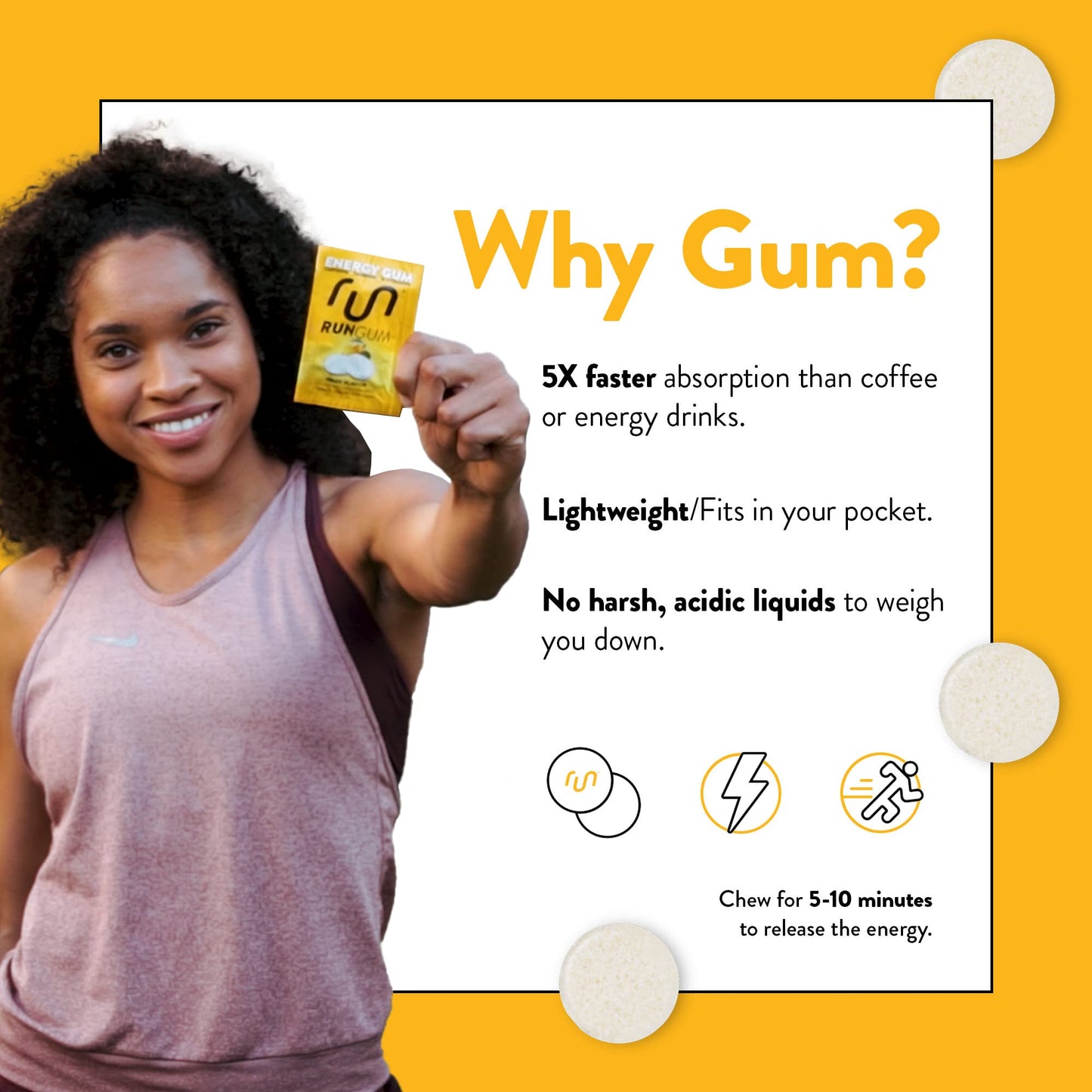 Run Gum Fruit Flavor Caffeinated Energy & Focus Gum Chewable 24 Pieces