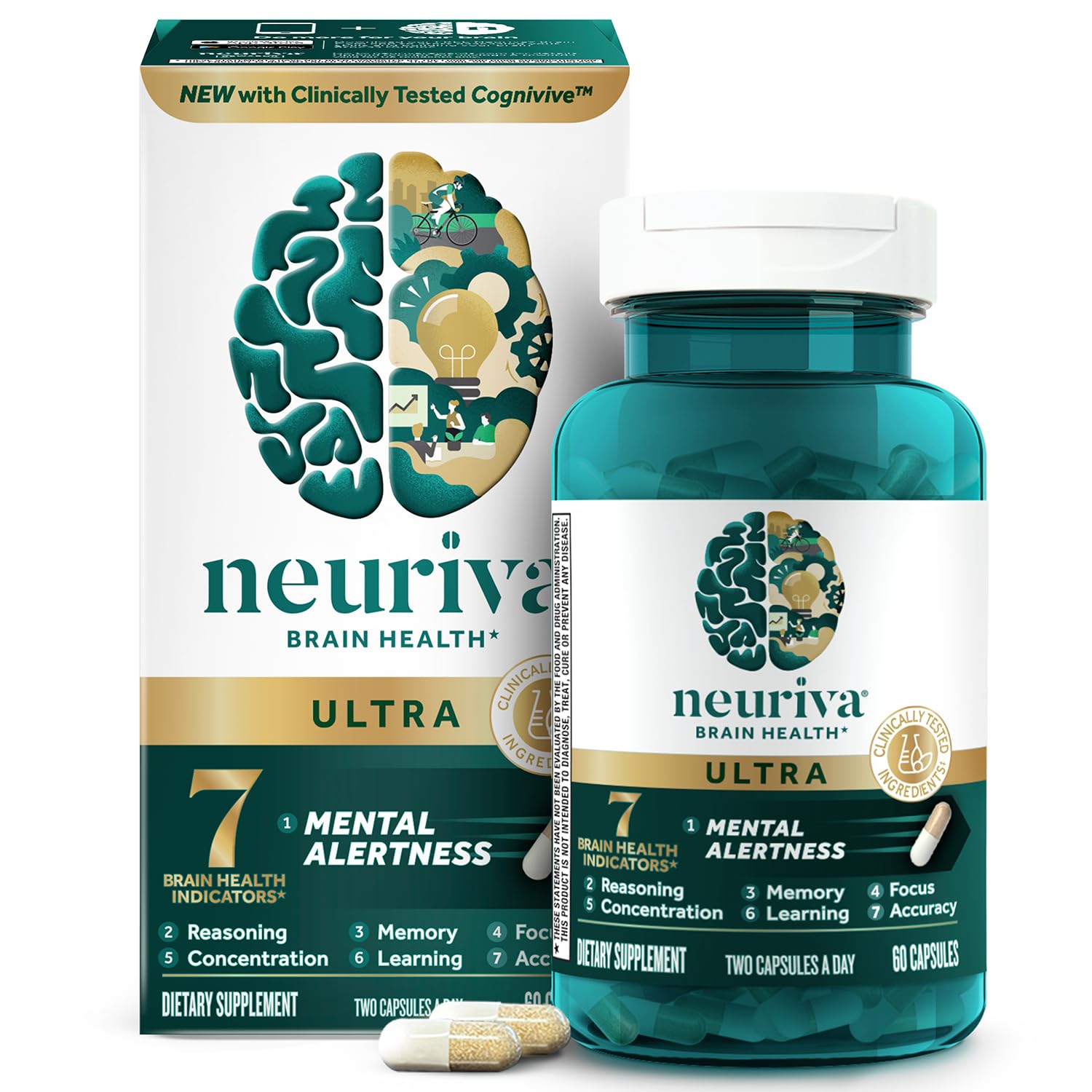 NEURIVA Ultra Brain Supplements for Memory and Focus, Phosphatidylserine, Cognivive, Neurofactor, Folic Acid, Vitamin B12 & Vitamin B6, 60 Capsules