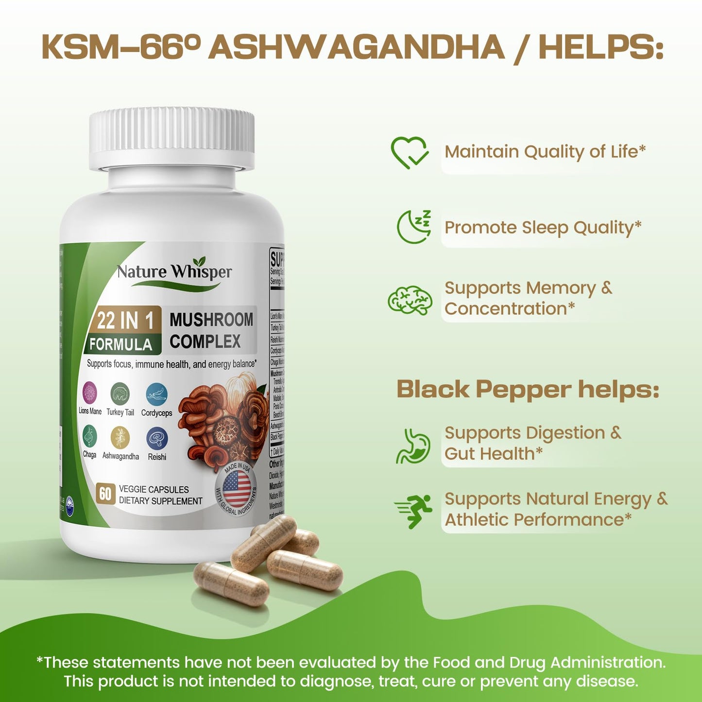 Nature Whisper 22 in 1 Lions Mane Mushroom Supplement with Ashwagandha & Black Pepper, 60 Capsules