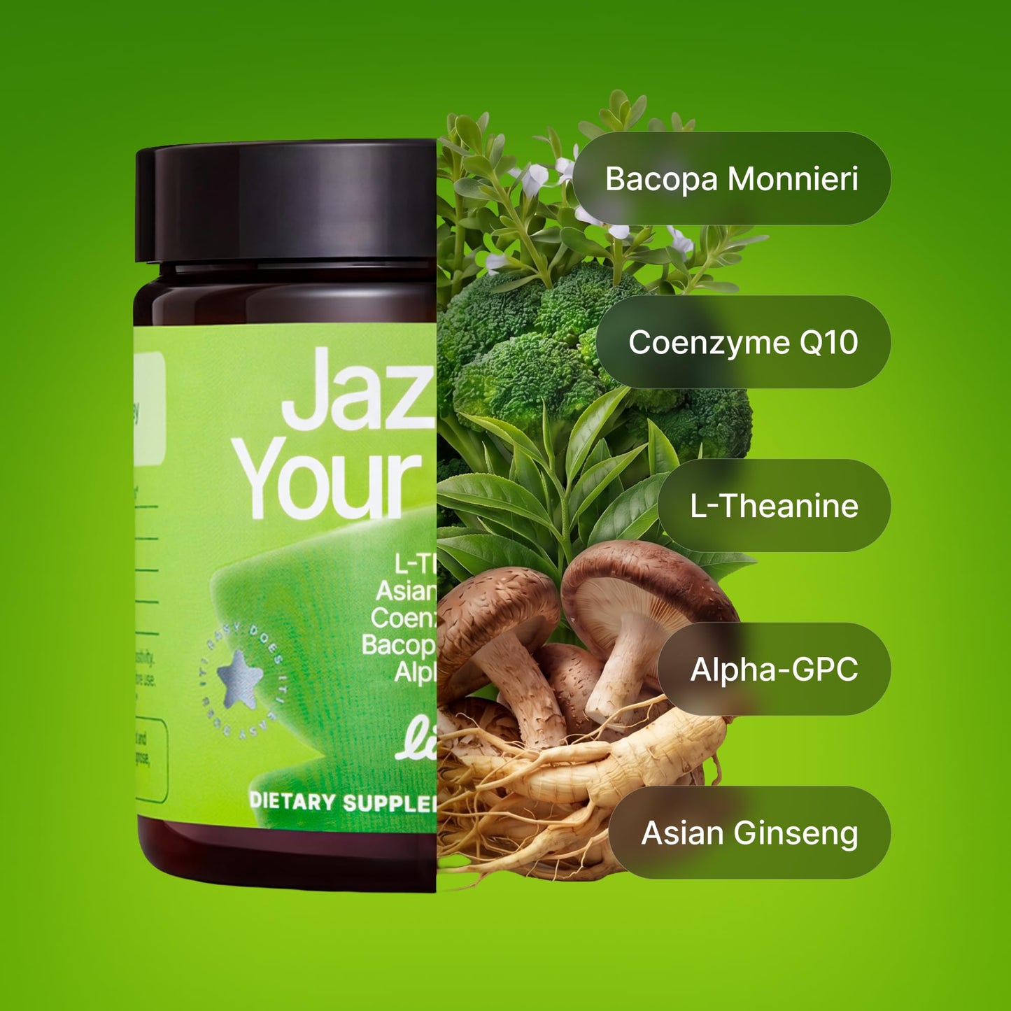 LIVEN SUPPLEMENTS Jazz Up Your Mood L-Theanine Asian Ginseng CoQ10 Bacopa Alpha-GPC Daily Focus & Clarity Support Capsule, 60 Count