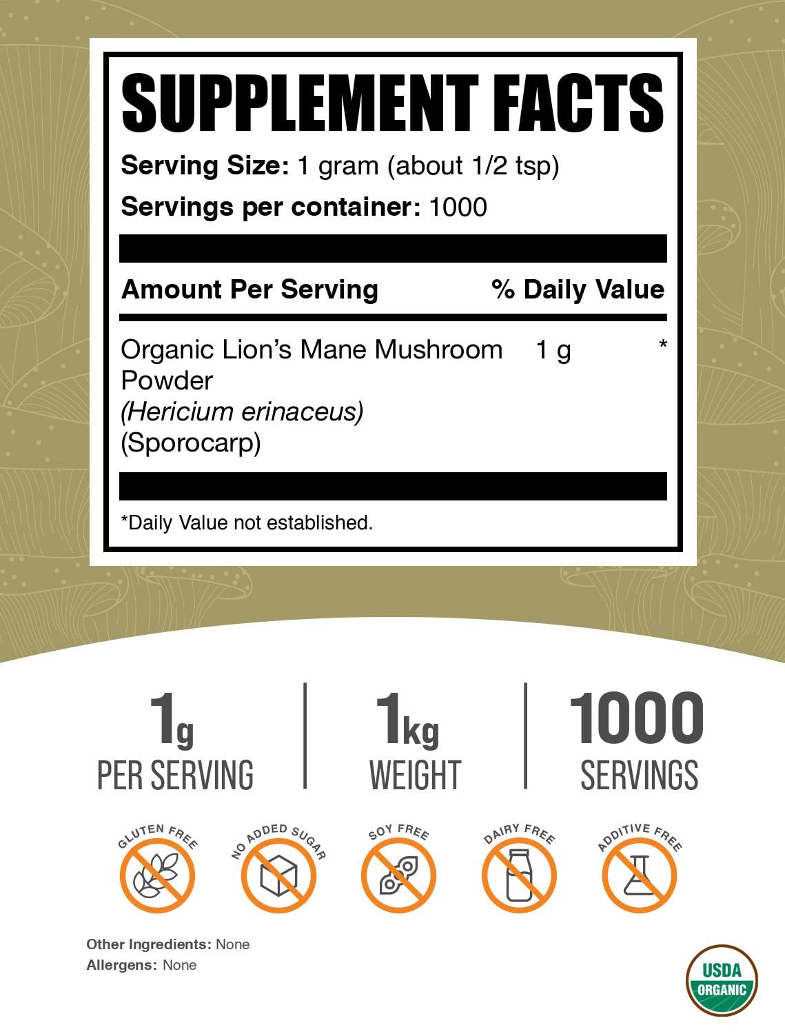 BulkSupplements Organic Lions Mane Mushroom Powder 35.27 Ounce
