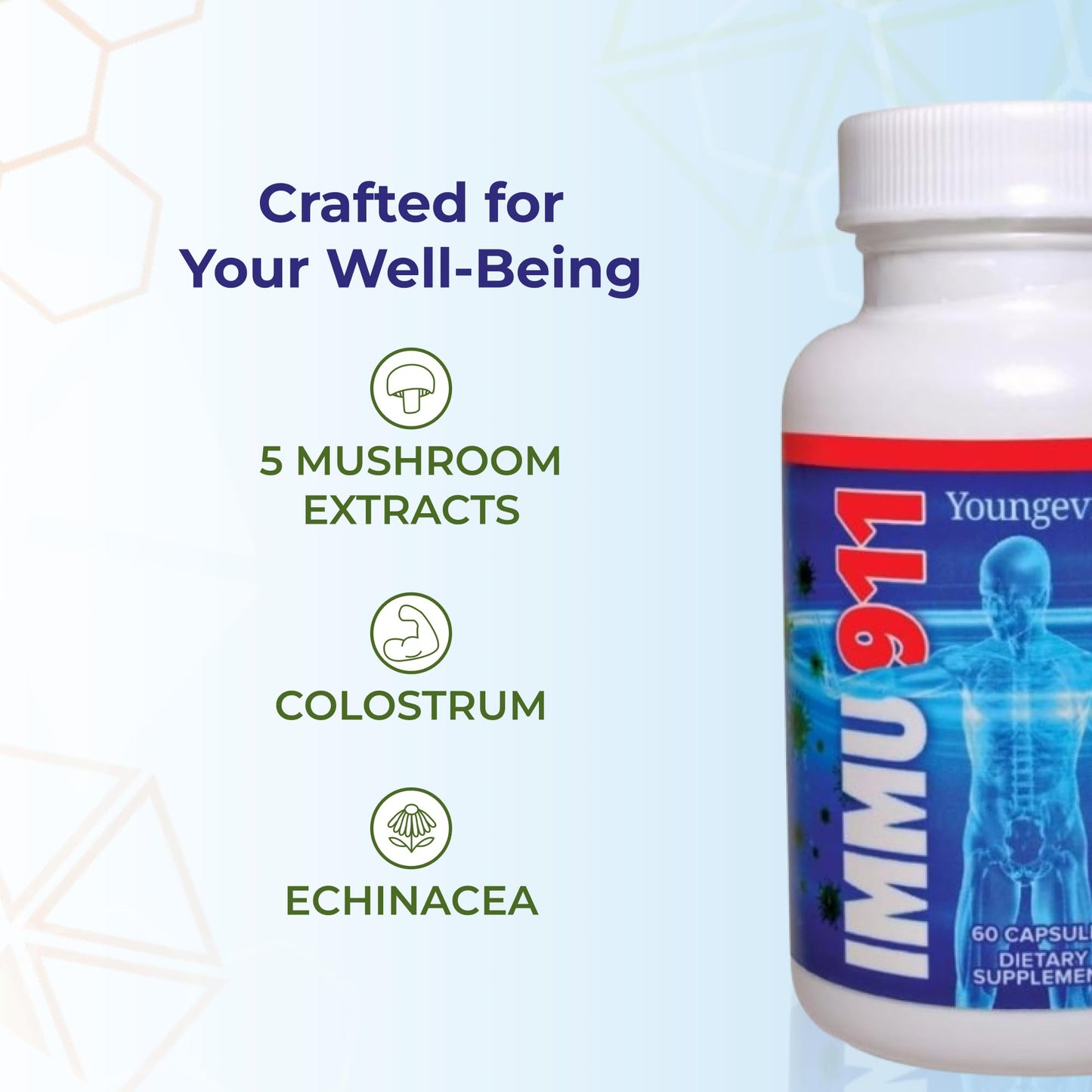 Youngevity Immu-911™ Advanced Immune - Colostrum, Vitamin C, Zinc, Echinacea, Astragalus, PAU D'Arco Bark + 6 Mycelial Mass Mushrooms for Immune Defense and Boost, 60 Capsules