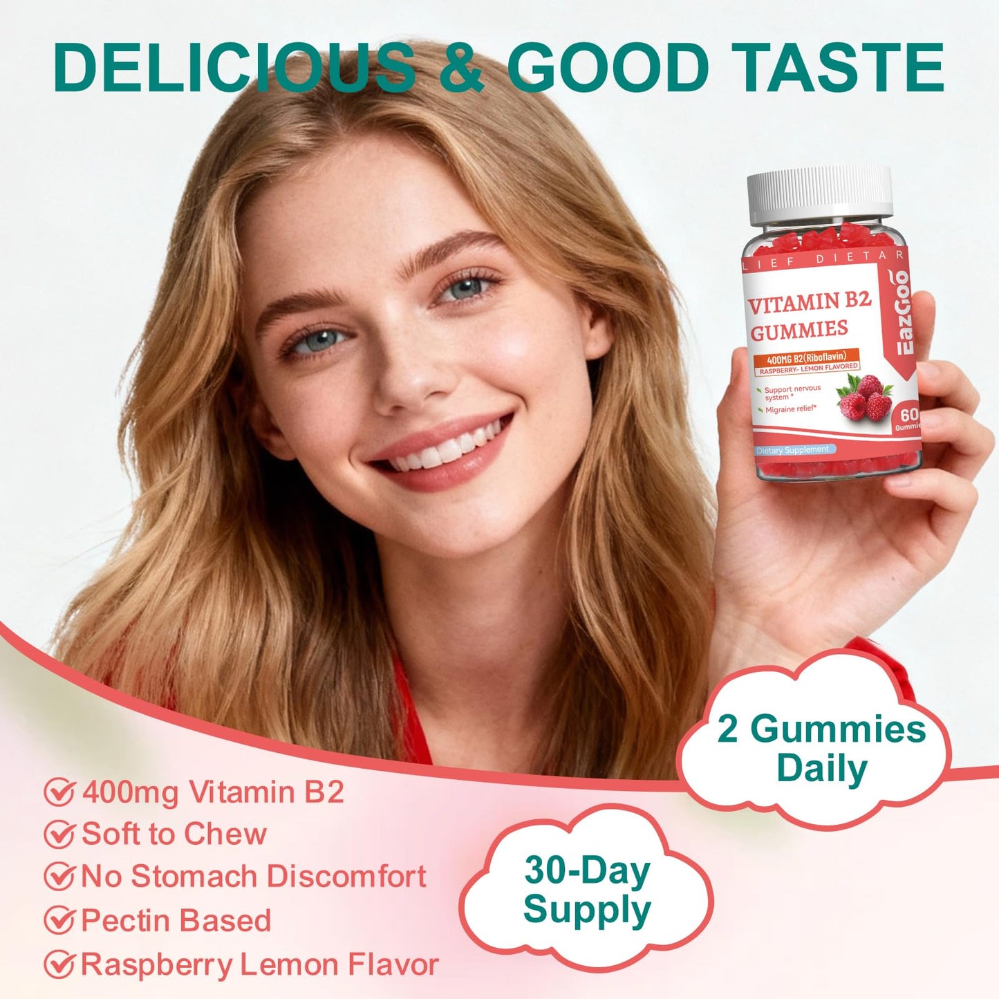 EAZGOO Vitamin B2 (Riboflavin) 400mg Supplement with Magnesium Gummies, 60 Count
