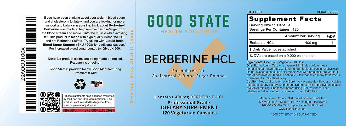 Good State Berberine HCL 400mg Capsules, 120 Count