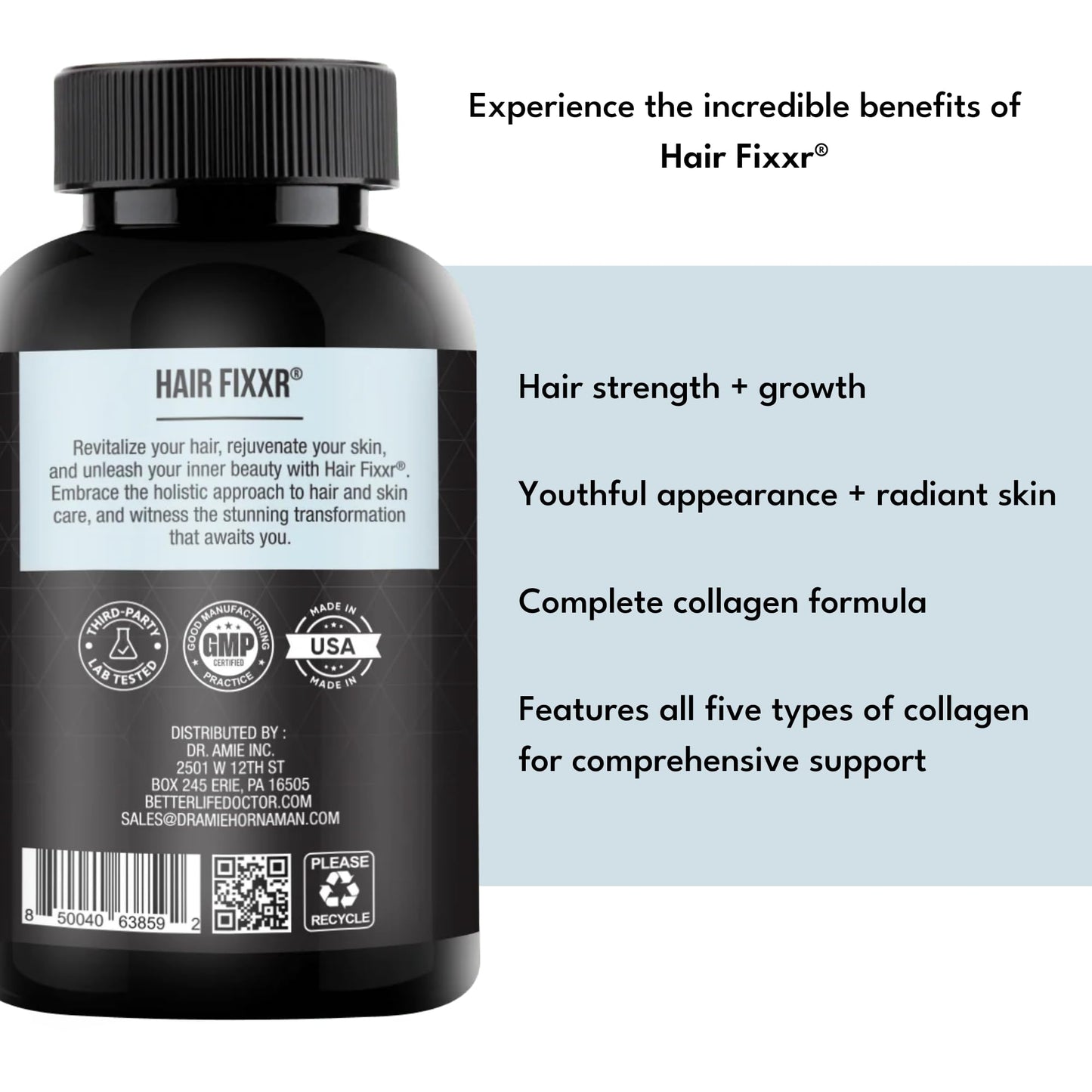 Fixxr Hair by Dr. Amie Premium Collagen Protein Complex Hair and Skin Support 60 Capsules