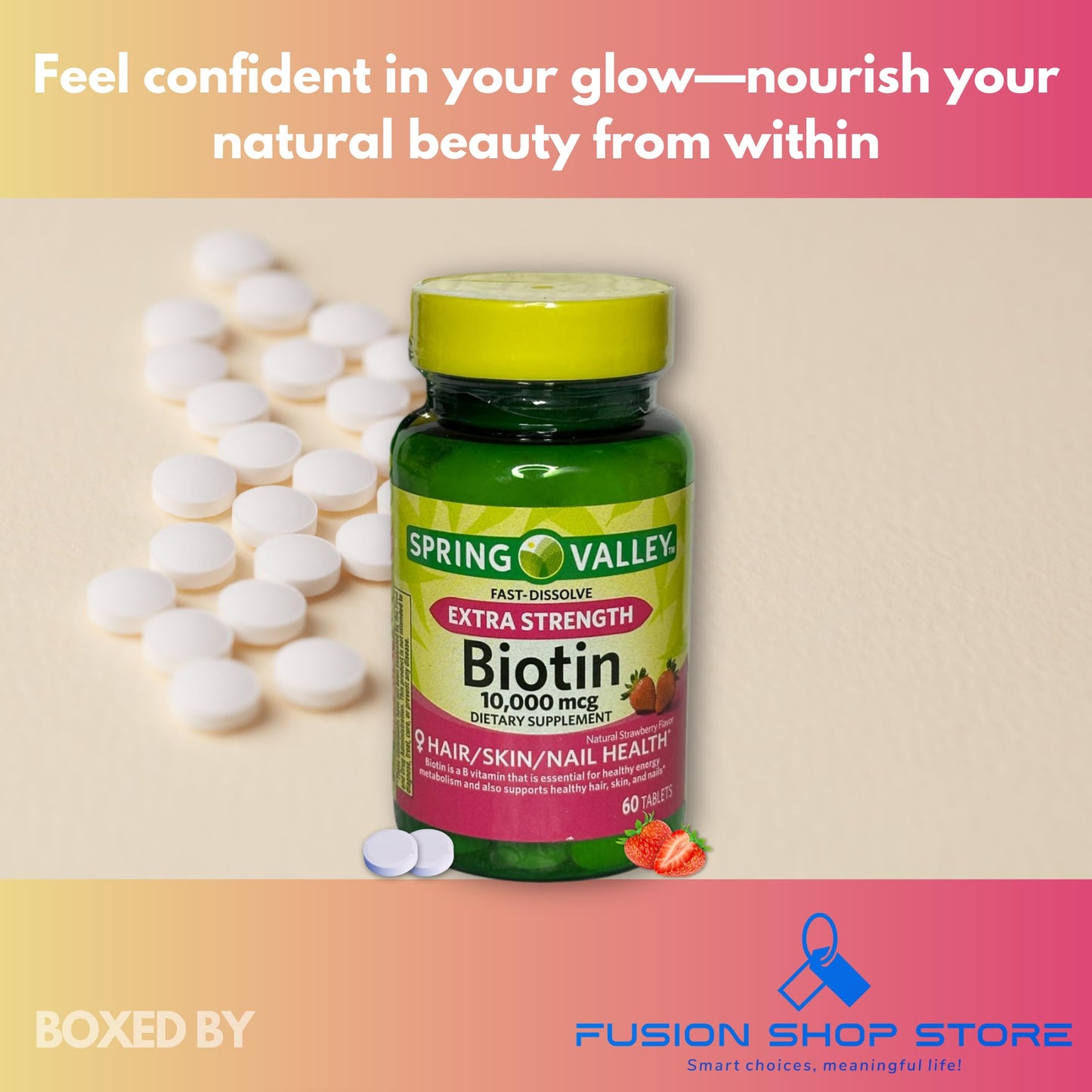 FUSION SHOP STORE Biotin 10000mcg Fast Dissolve Natural Strawberry Flavor, Hair Skin and Nails, 60 Tablets