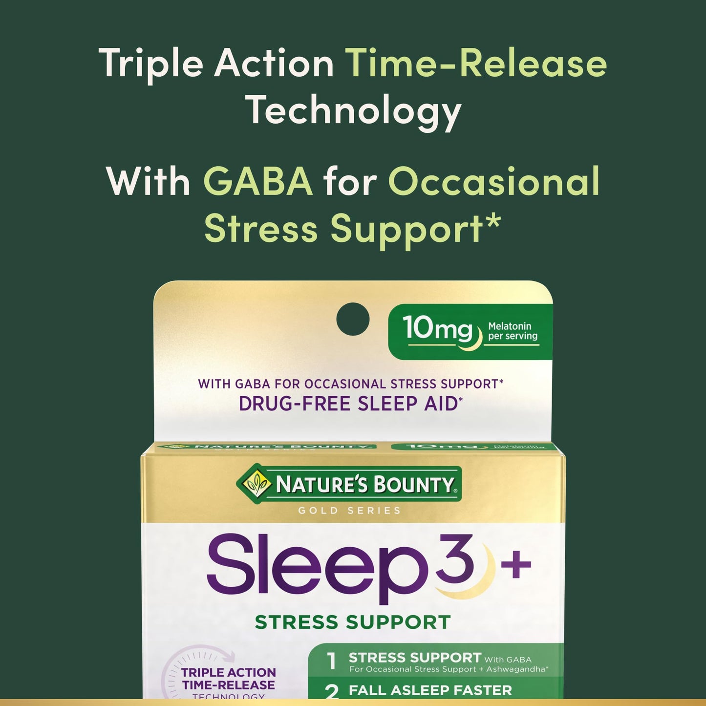 Nature's Bounty Sleep + Stress Support Sleep3 Maximum Strength 100% Drug Free Sleep Aid, Dietary Supplement with Ashwagandha, Time Release Technology, 10mg, 28 Tablets