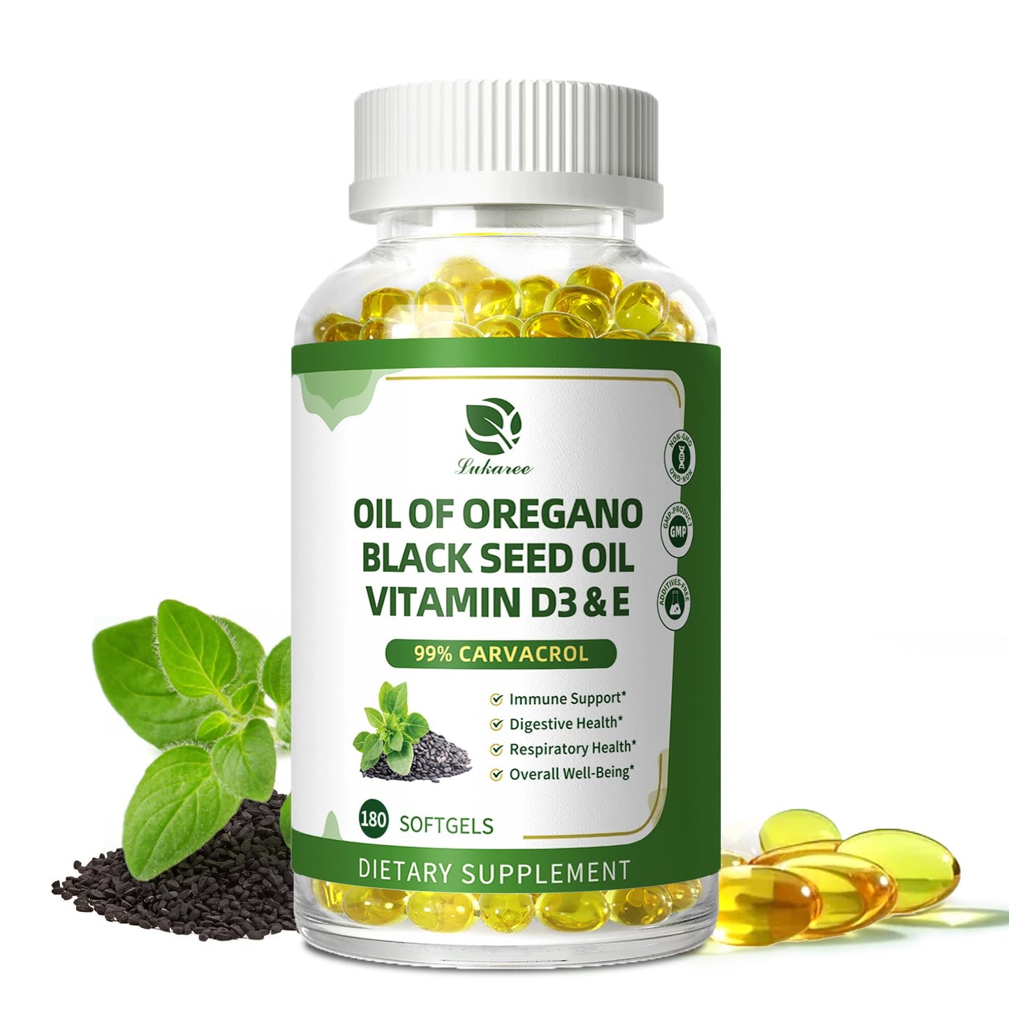 Lukaree Organic Oregano Oil Softgels with Black Seed Oil, 180 Count