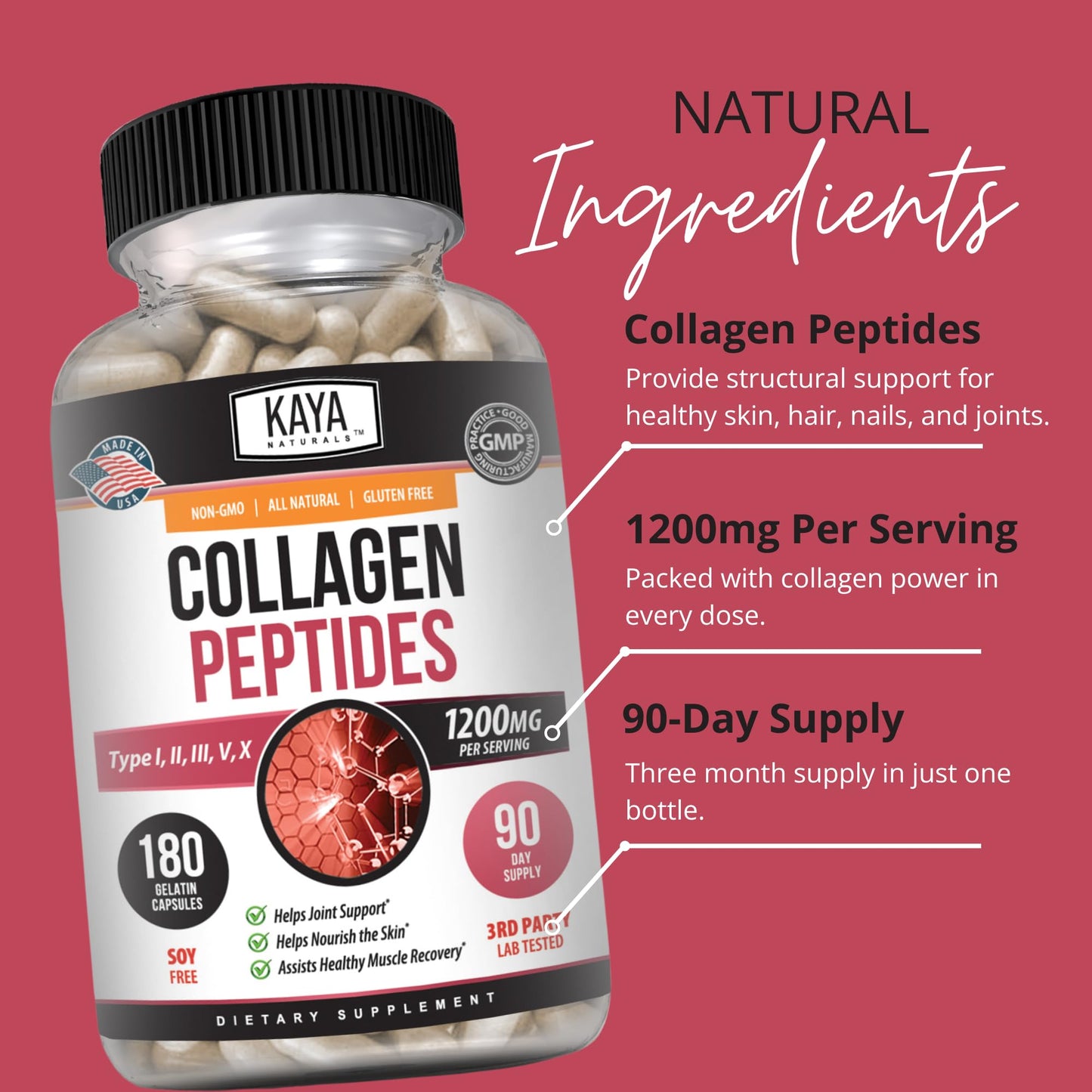 Kaya Naturals Multi Collagen Peptides Complex Capsules, 180 Count