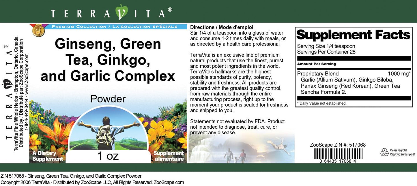 Terravita Ginseng, Green Tea, Ginkgo, and Garlic Complex Powder, 3 Pack