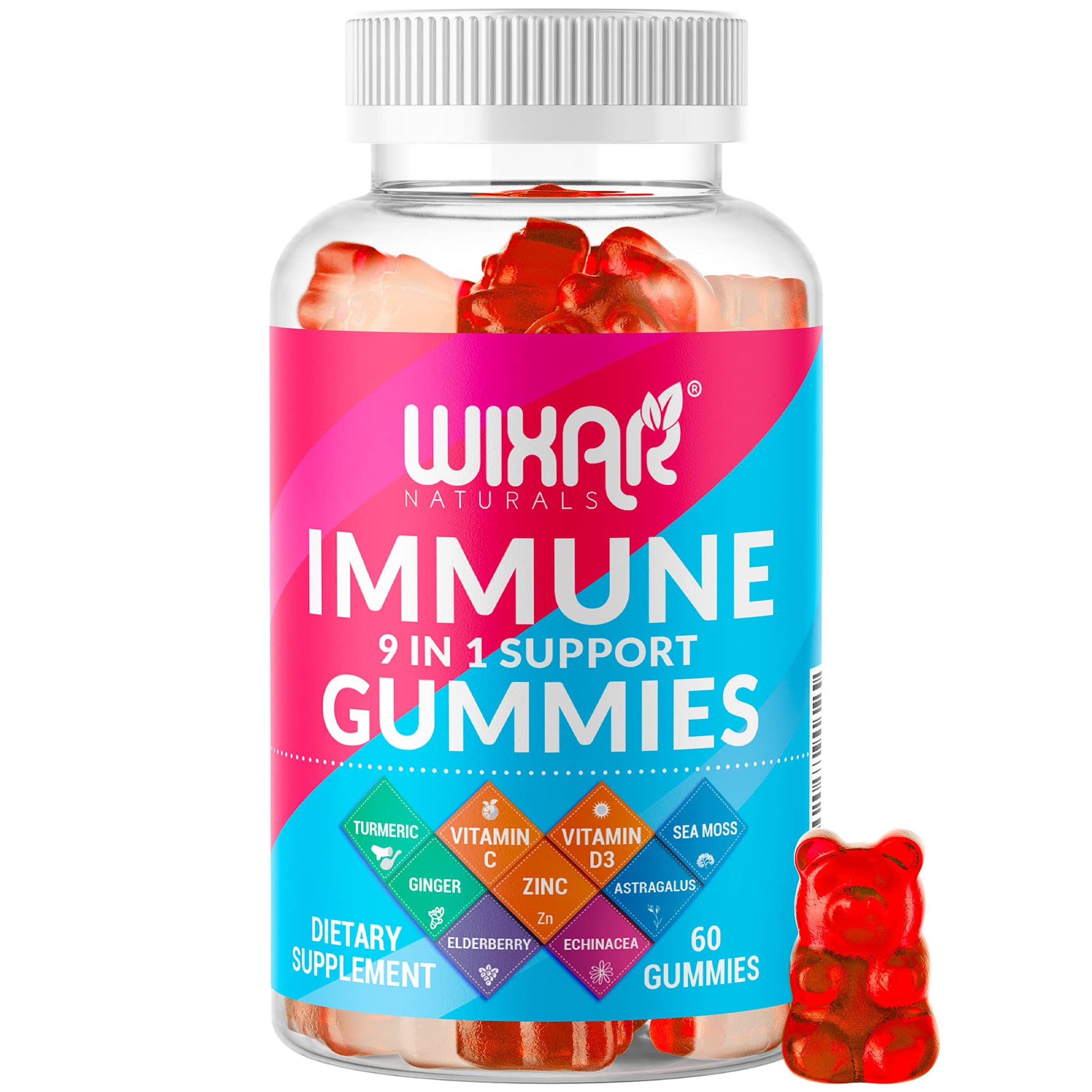 WIXAR NATURALS 9 in 1 Immune Support Gummies with Elderberry, Vitamin C&D, Zinc, Turmeric, Ginger, Echinacea, Astragalus & Sea Moss, 60 Gummies