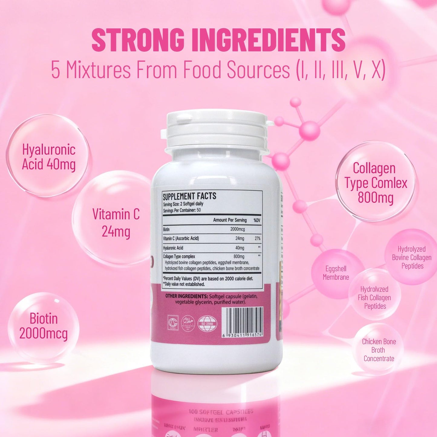 Wins Town Multi Collagen Peptides Softgels - Type I, II, III, V, X with Hyaluronic Acid, Vitamin C & Biotin, Supports Skin, Hair, Nails, Bones & Muscles, 100 Softgels