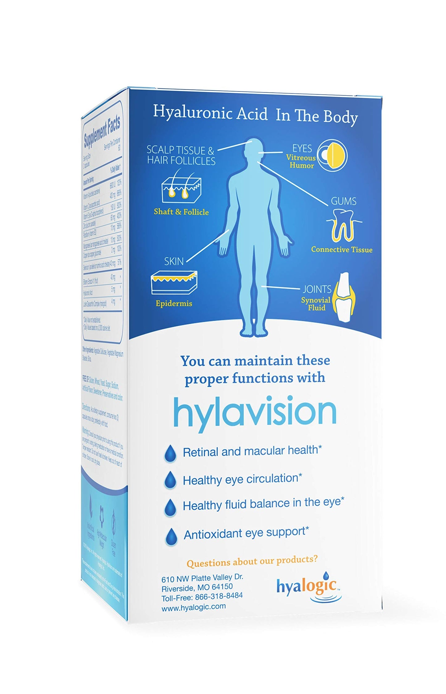 Hyalogic HylaVision Eye Vitamins – with Hyaluronic Acid, Clear Eyes with Lutein and Zeaxanthin Supplements for Eye Care Eye Health Support Capsules 120