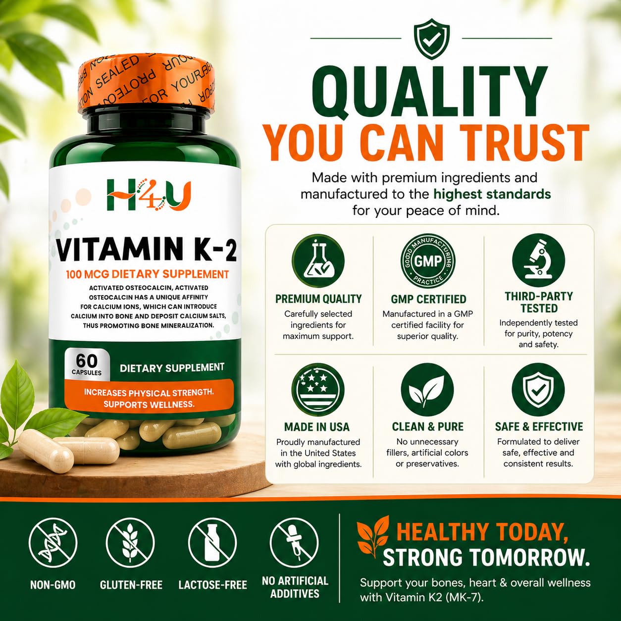 H4U Vitamin K2 MK-7 100 mcg Capsule, 60 Count