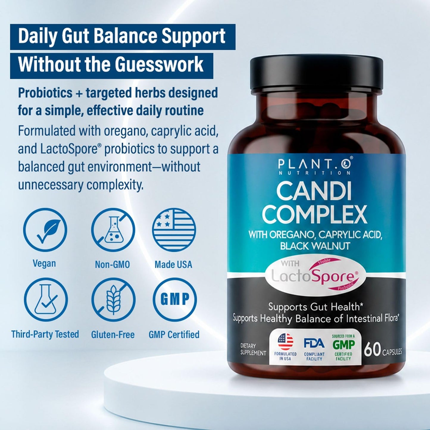 PLANT.O NUTRITION Candida Cleanse Supplement & Yeast Support with Probiotics (LactoSpore®), Oregano Oil, Caprylic Acid, Black Walnut – Advanced Gut Health, Digestive Enzymes, pH Balance for Women and Men, 60 Capsules