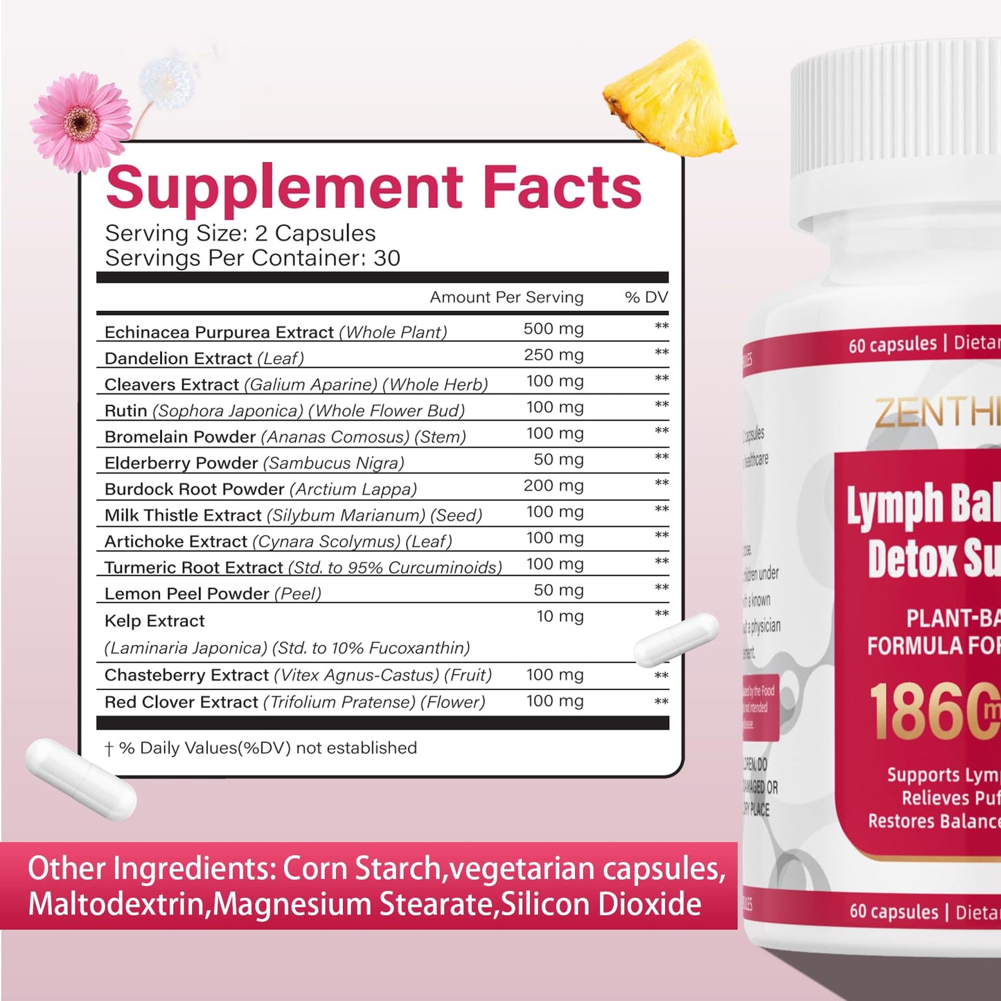 Zenthixion Lymphatic Drainage Supplements 1860mg Lymph System Support, 60 Capsules