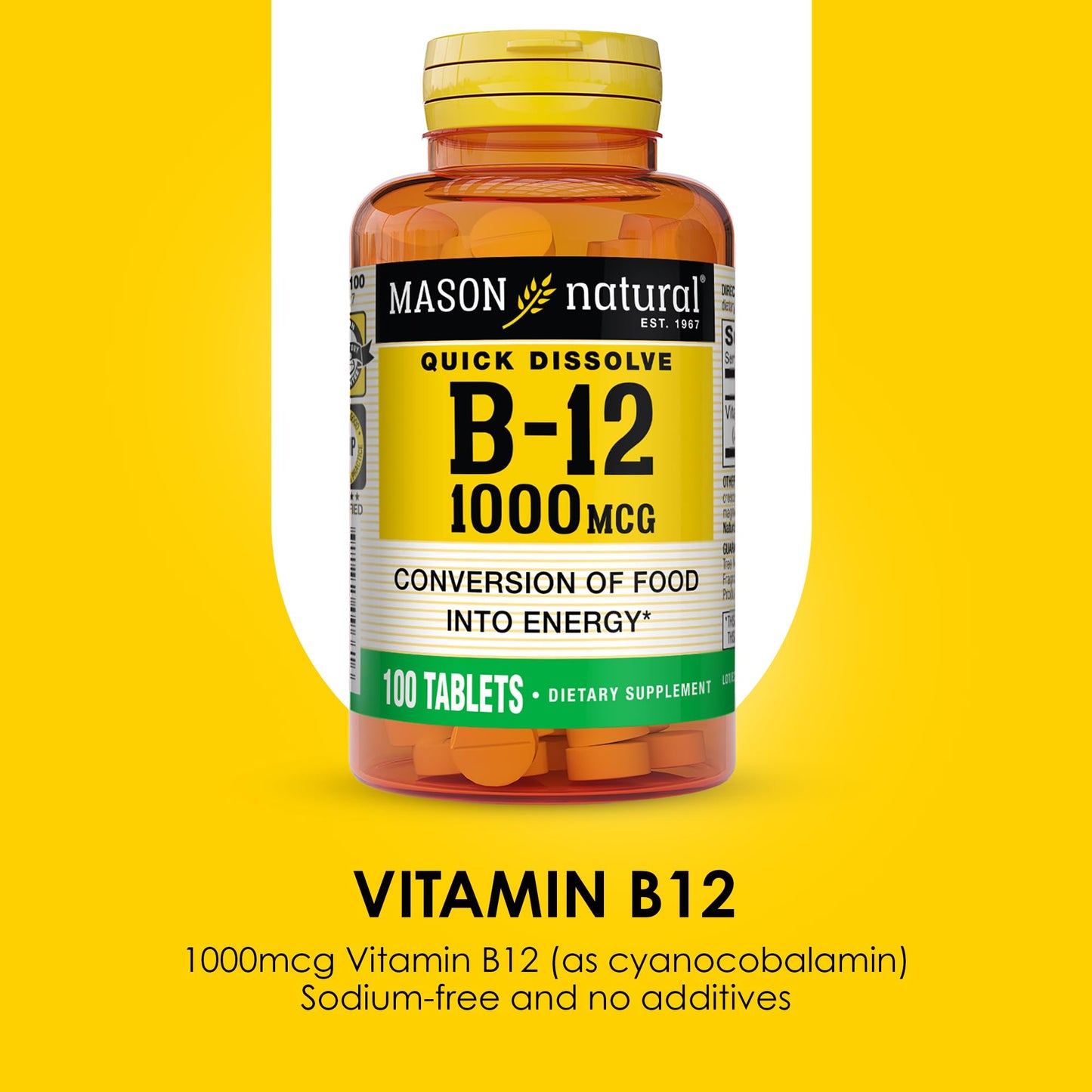 Mason Natural Vitamin B-12 Quick Dissolve Tablets, 1000 mcg, 100 Count