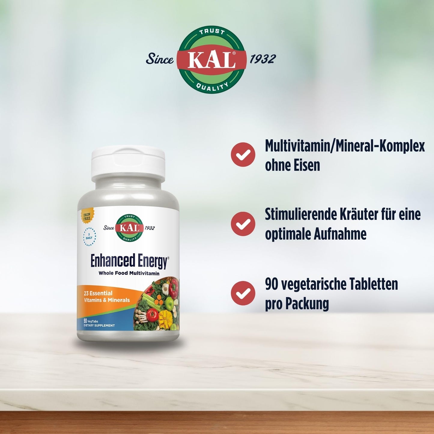 KAL Enhanced Energy Iron Free Tablets, Vegetarian Tablet, 90 Count