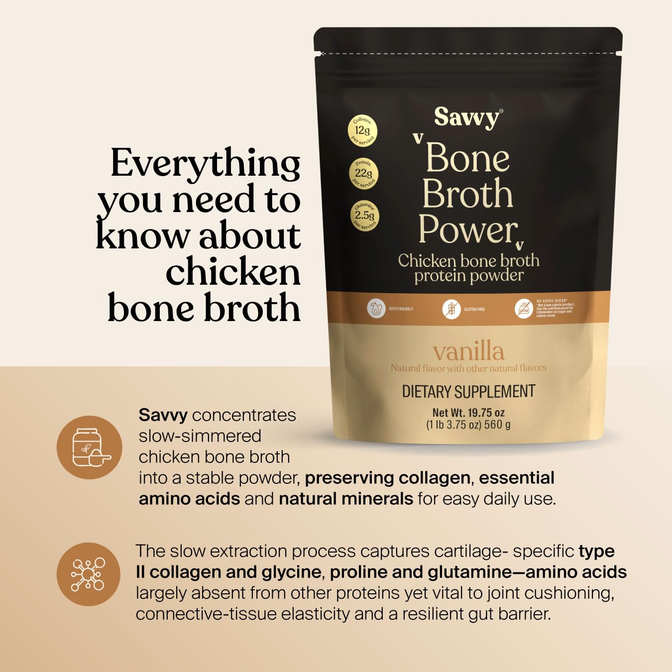 SAVVY Bone Broth Power Vanilla Protein Powder 1.23 Pound Pack of 1