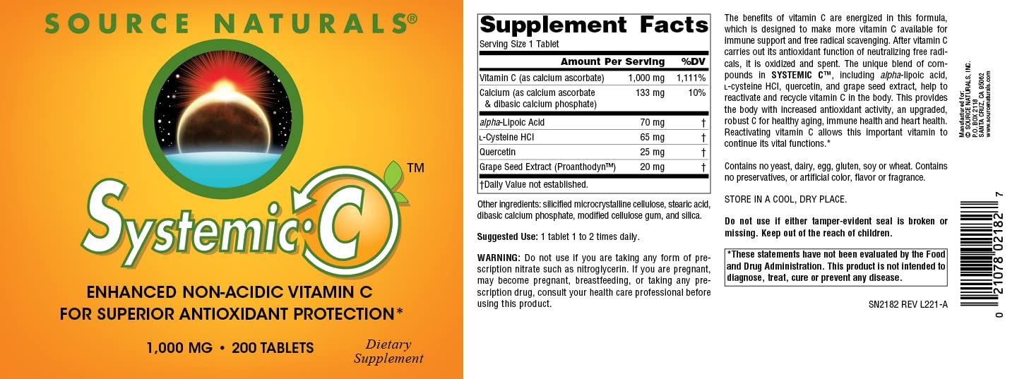 Source Naturals Systemic C 1000mg, 200 Tablets