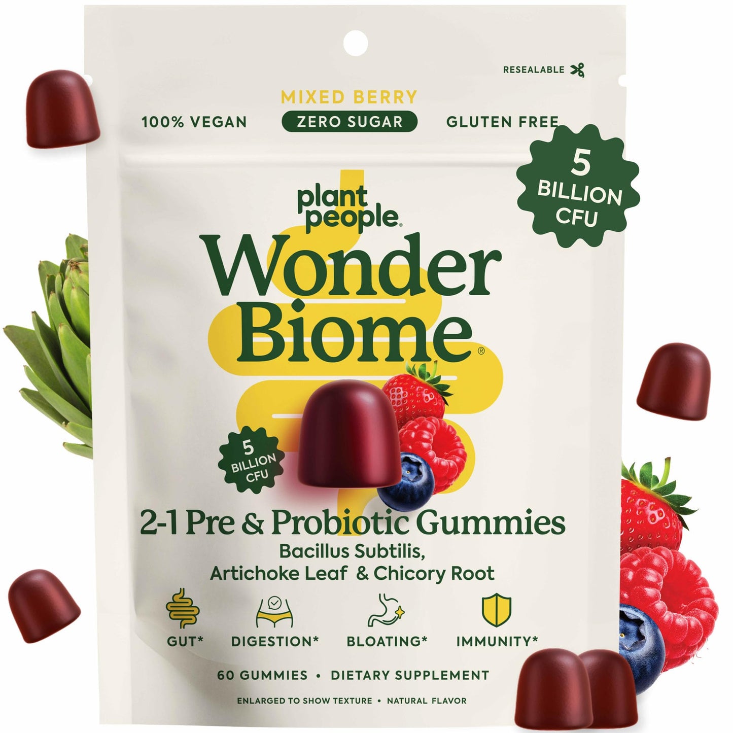 Plant People WonderBiome 2-in-1 Prebiotic + Probiotic Gummies, 60 Count