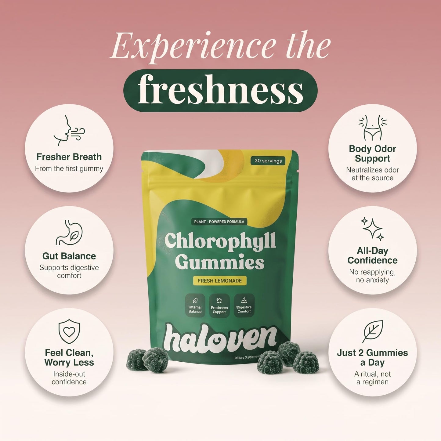 Haloven Chlorophyll Gummy, Body Odor Support, Lemonade, 60 Count