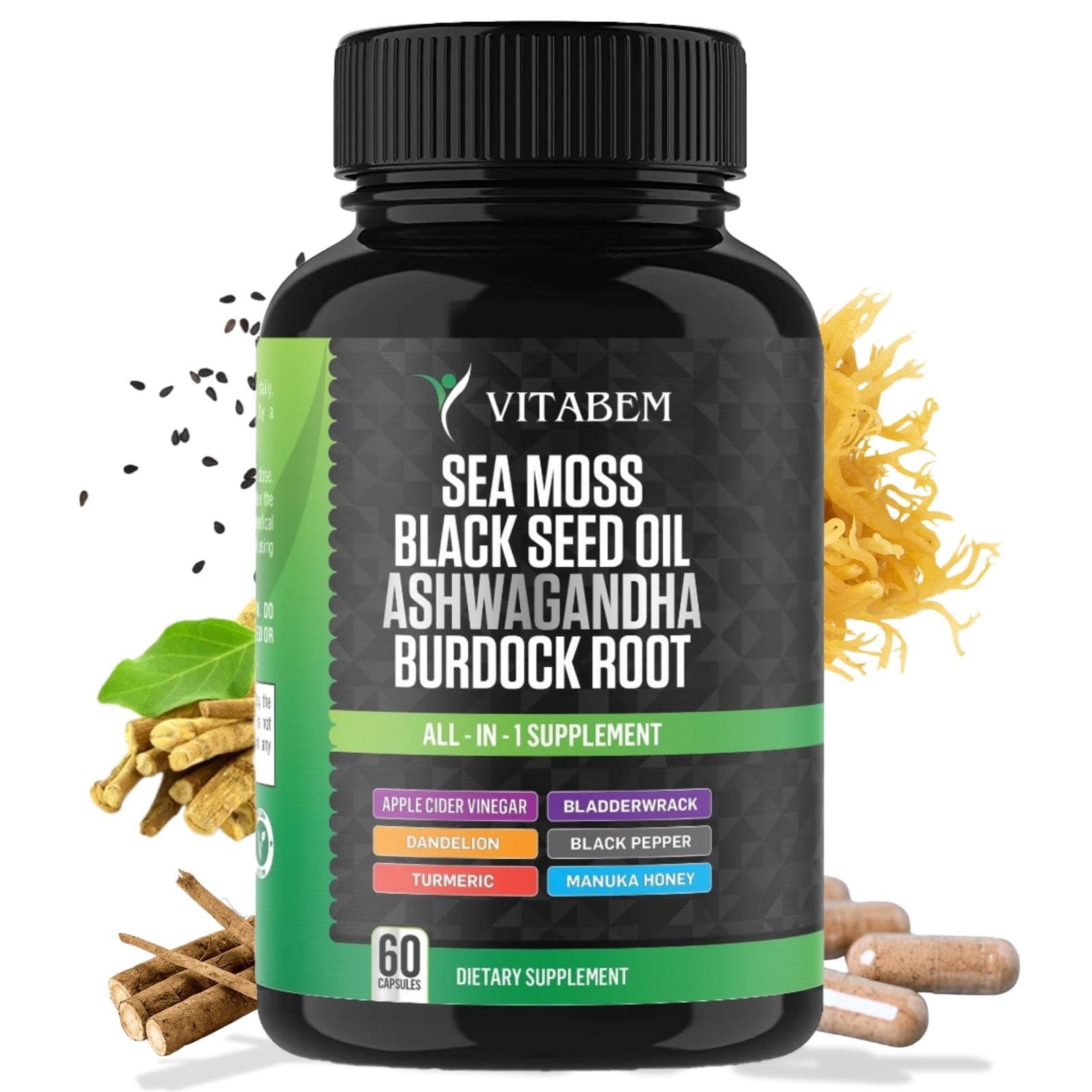 Vitabem Sea Moss Black Seed Oil Ashwagandha Turmeric Bladderwrack Burdock Root Capsules - 60 Count