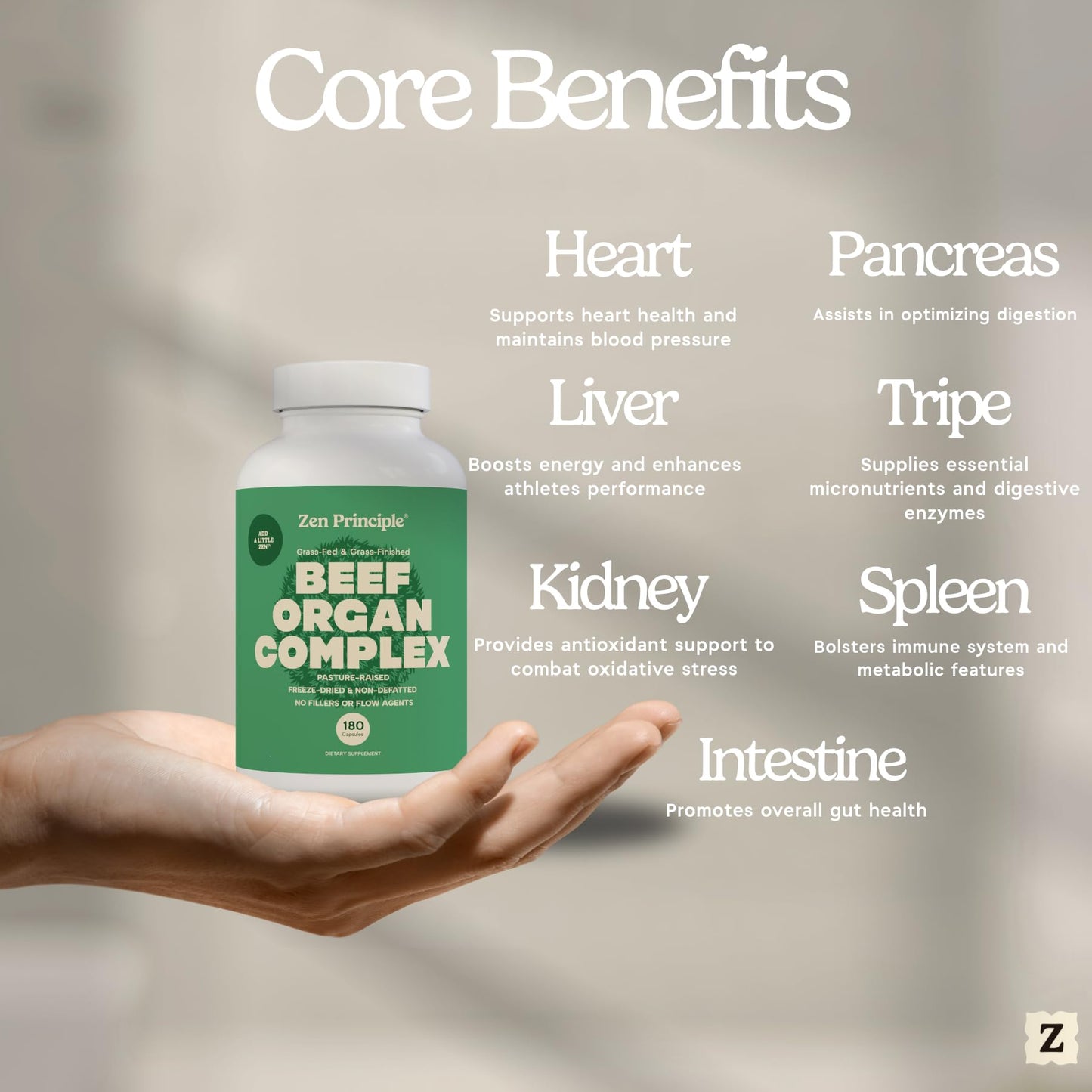 Zen Principle Grass Fed Beef Organs Supplement Capsule 180 Count