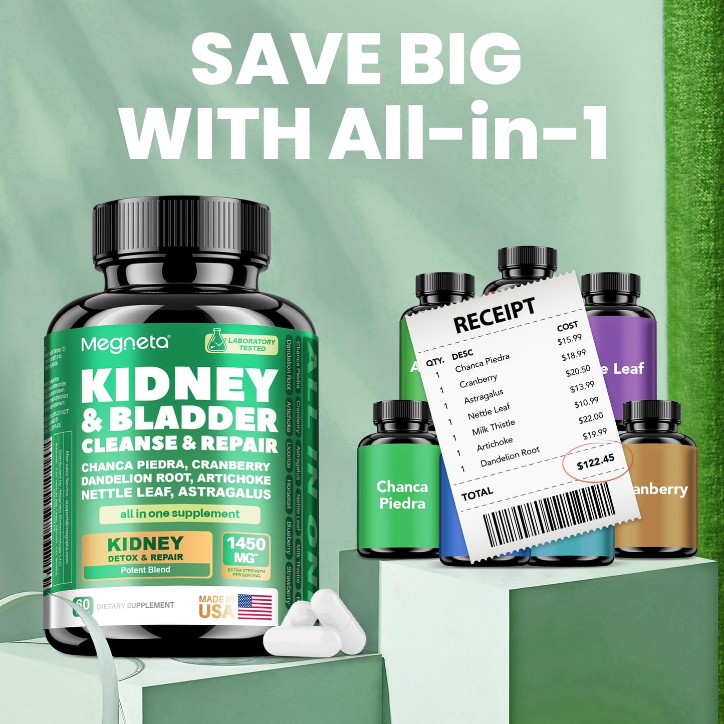 MEGNETA 3-in-1 Kidney Liver Bladder Cleanse Detox & Repair Capsule, 60 Count