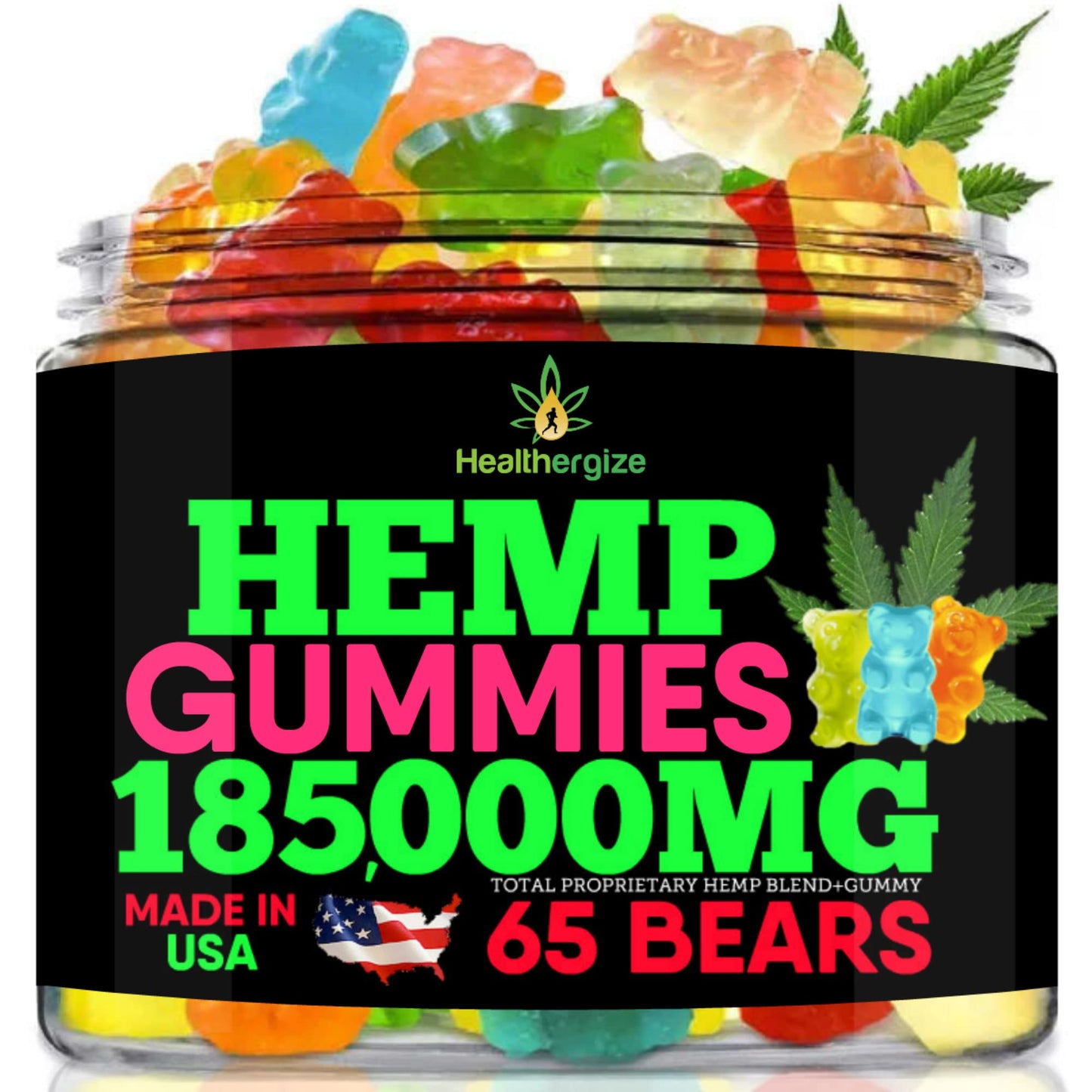 Healthergize Hemp Gummies Bears for Sleep & Relax - Hempseed Oil Gummy Bear, Fresh Fruity Edibles, Made in USA, 11