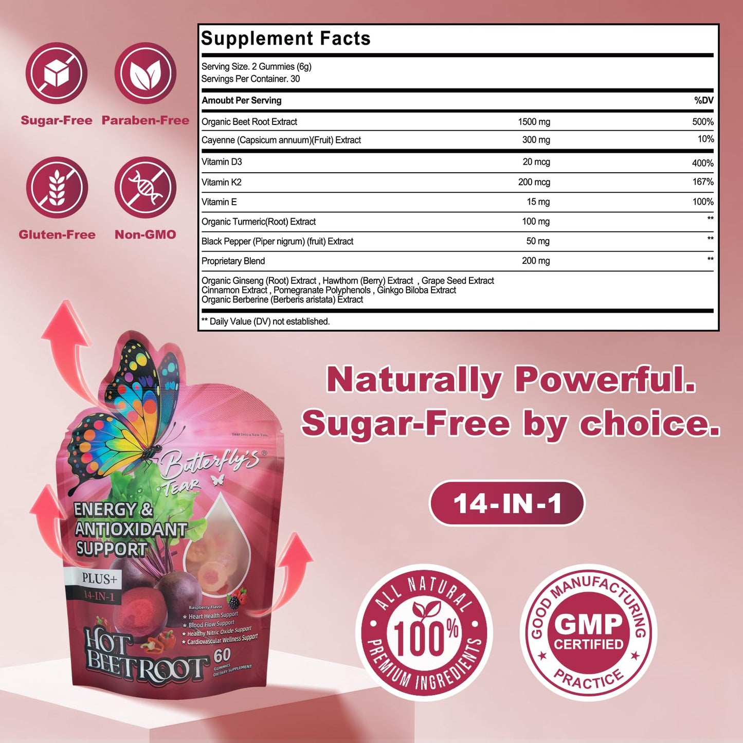 BUTTERFLY'S TEAR Beet Root & Berberine Gummies, Nitric Oxide & Metabolism Support, Energy, Circulation with Cinnamon, Vitamin D3 K2 E, Sugar Free, Non-GMO, 60 Gummies