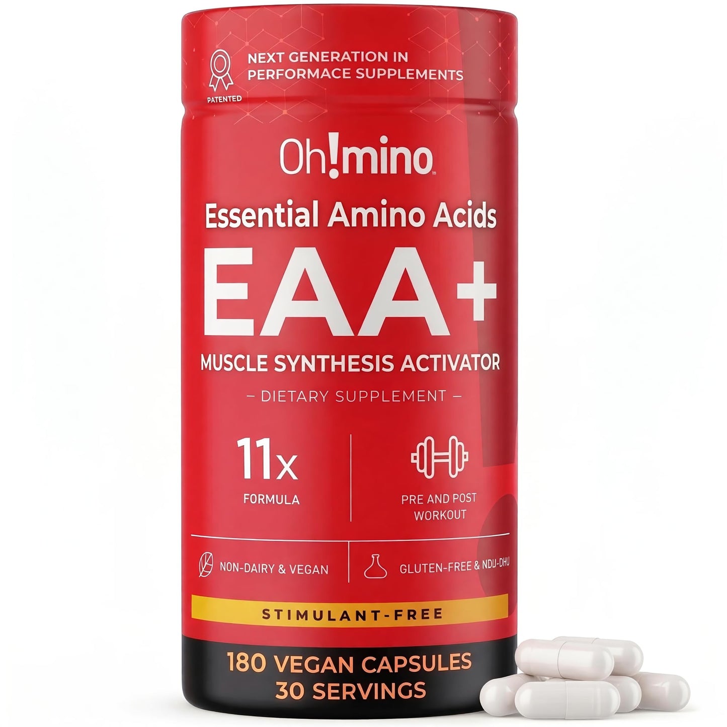 Oh!mino BCAA + EAA Amino Acid Supplement, Caffeinated Capsule, 180 Count