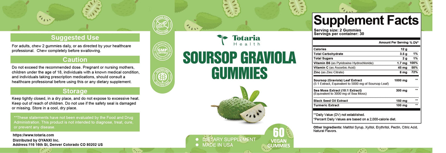 Totaria Sugar Free Soursop Oil Graviola Sea Moss Gummies, 60 Count