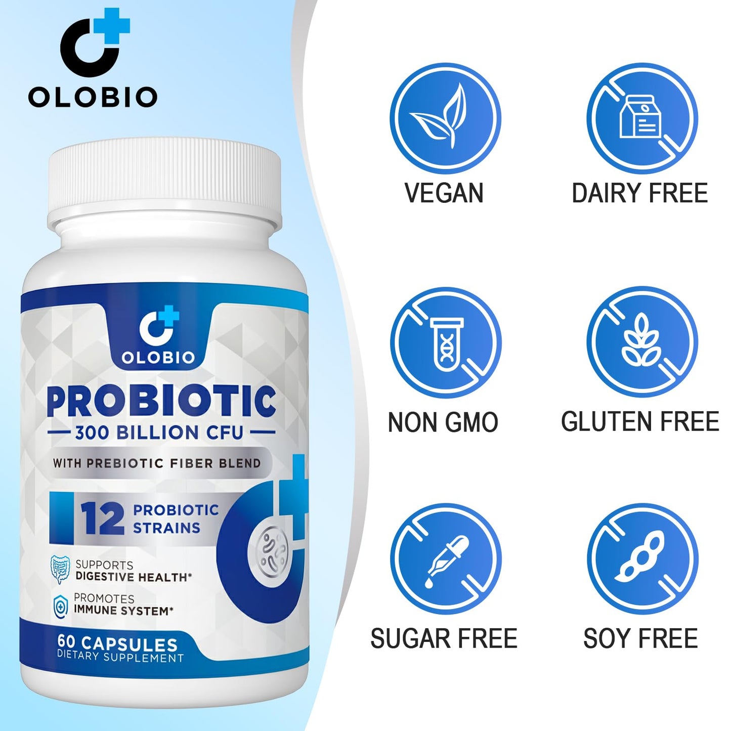 OLOBIO 300 Billion CFU Probiotic, 12 Strains with 3 Organic Prebiotics, 120 Capsules