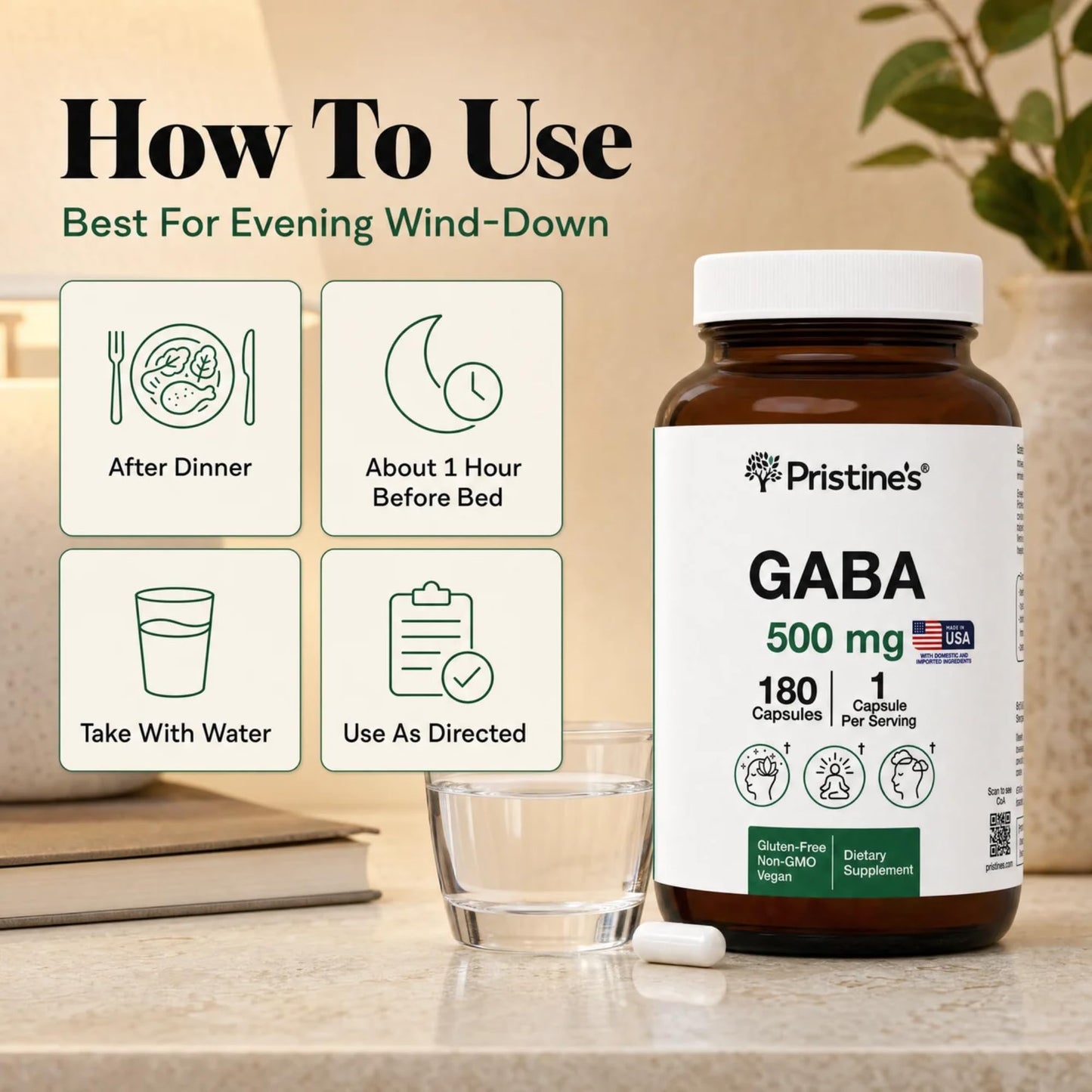 PRISTINE'S GABA 500mg Sleep Quality Support Capsules 180 Count