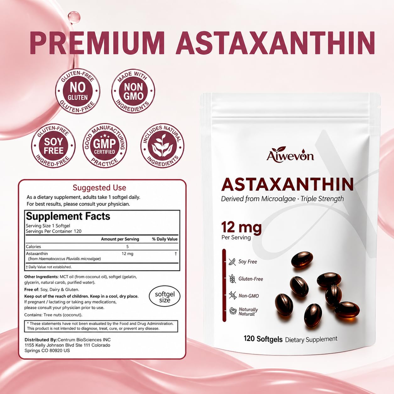 Aiwevon Astaxanthin Supplement 12mg Capsule, 120 Count