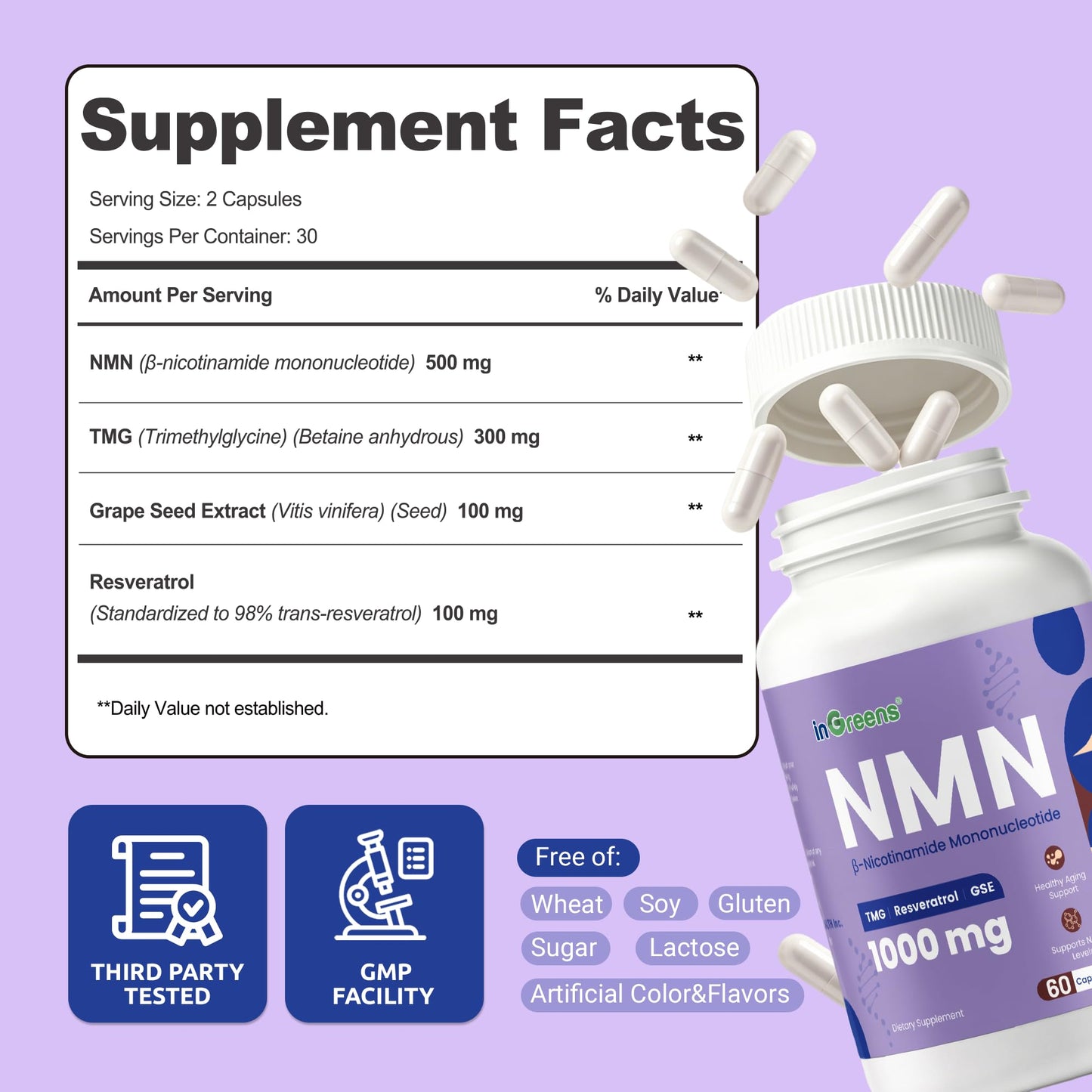 inGreens NMN 1000mg Supplement with TMG & Resveratrol, 60 Vegan Capsules