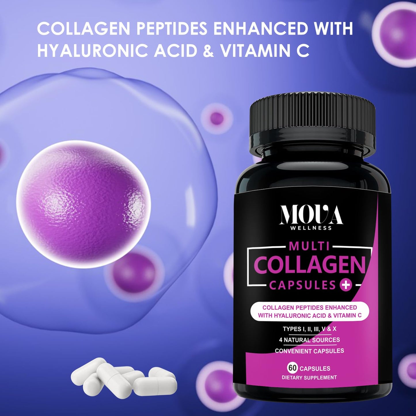 Mova Wellness Multi Collagen Capsules with Vitamin C & Hyaluronic Acid (Types I, II, III, V & X) - 60 Capsules