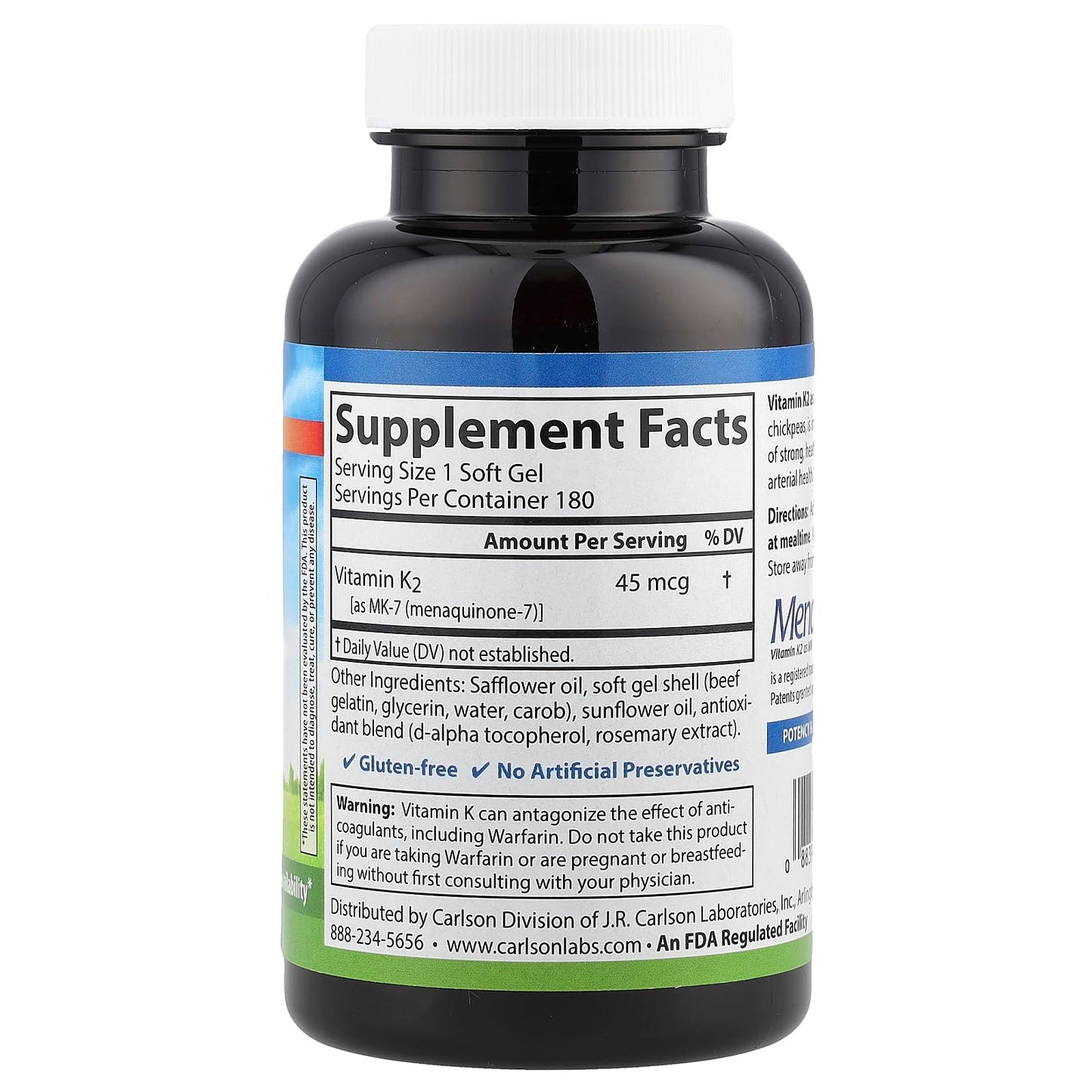 Carlson Vitamin K2-7 45 MCG Mineral Supplement Softgel, 180 Count