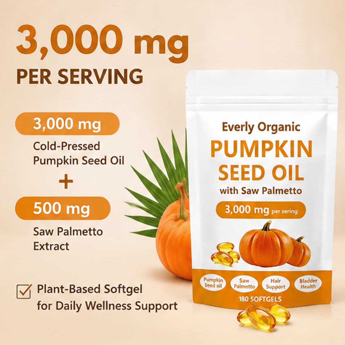Everly Organic Pumpkin Seed Oil with Saw Palmetto Softgels 180