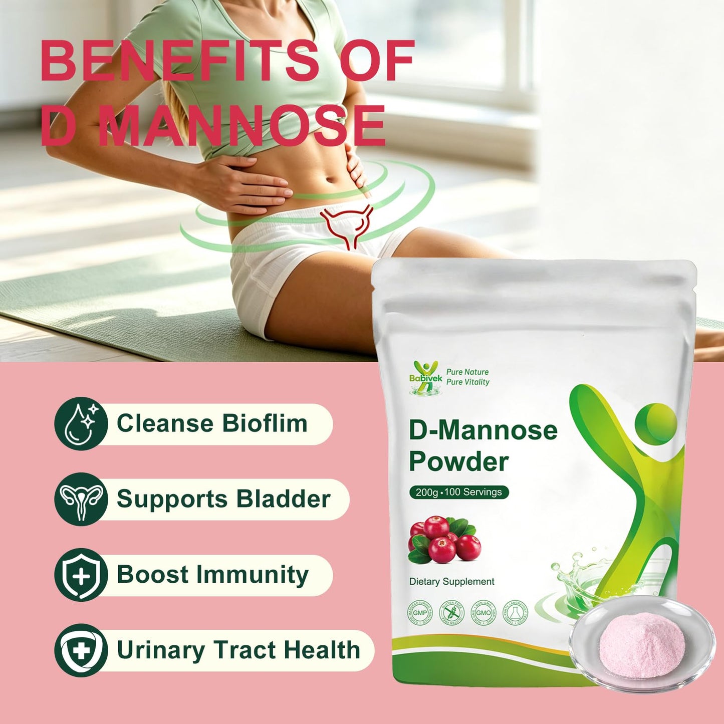 Babivek D Mannose Powder with Cranberry 2g UTI Support, 7.1 oz