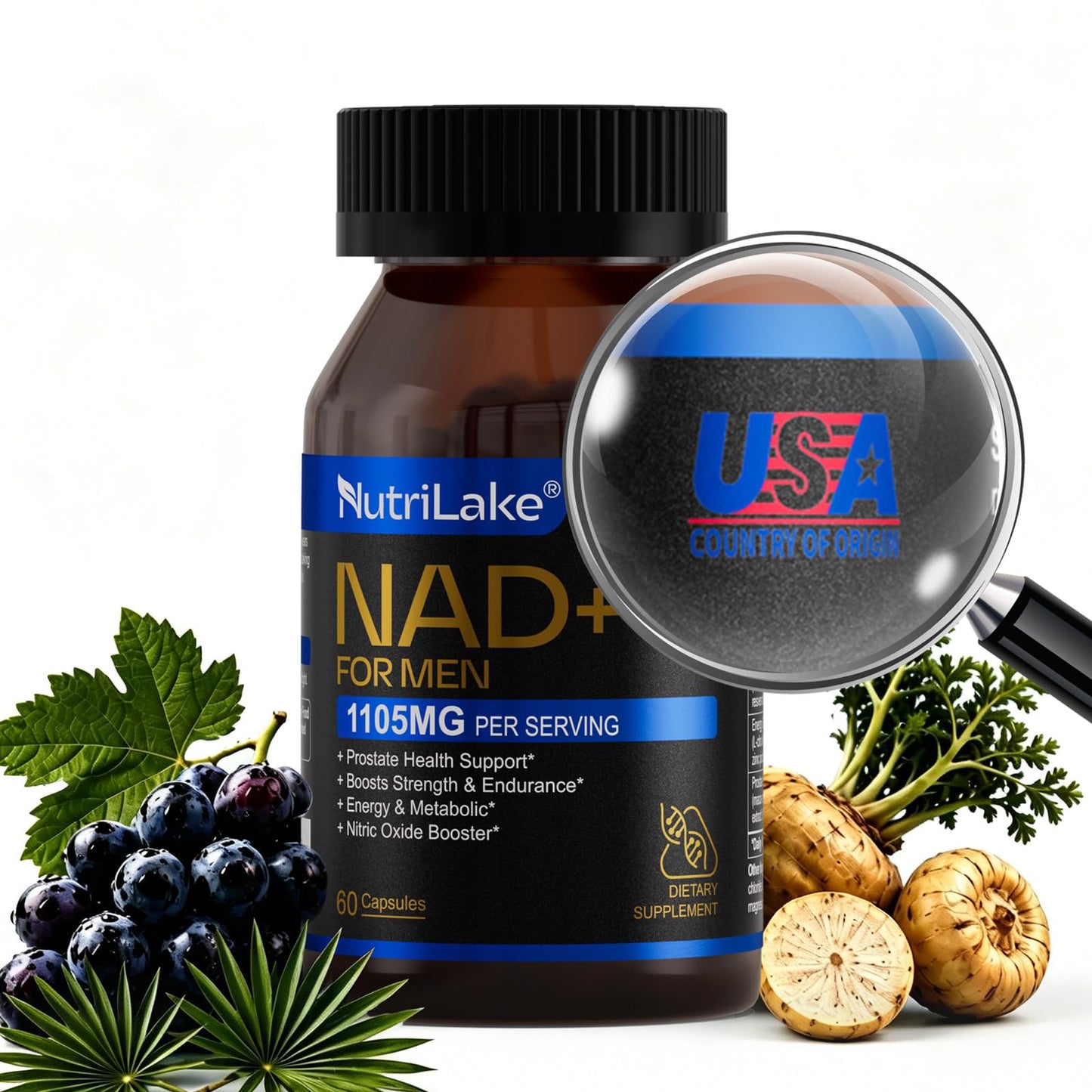 NUTRILAKE NAD+ Supplement for Men NMN Alternative with Resveratrol, Nicotinamide Riboside, Support Healthy Aging, Cellular Energy, Prostate Health, 60 Capsules